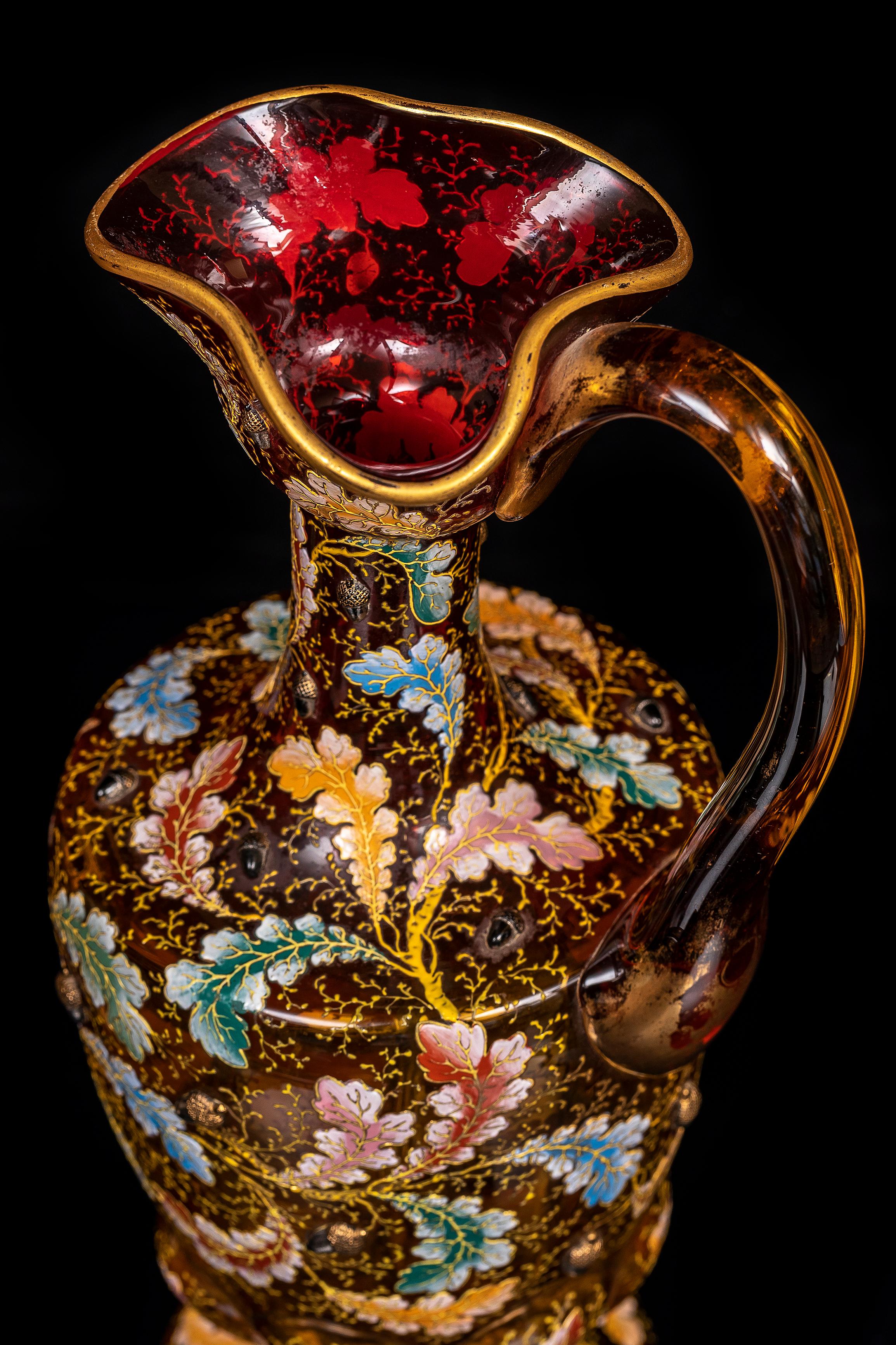 Large Pair of 19th C. Moser Red Crystal Enameled Gilt Ewers w/ Applied Parrots For Sale 5