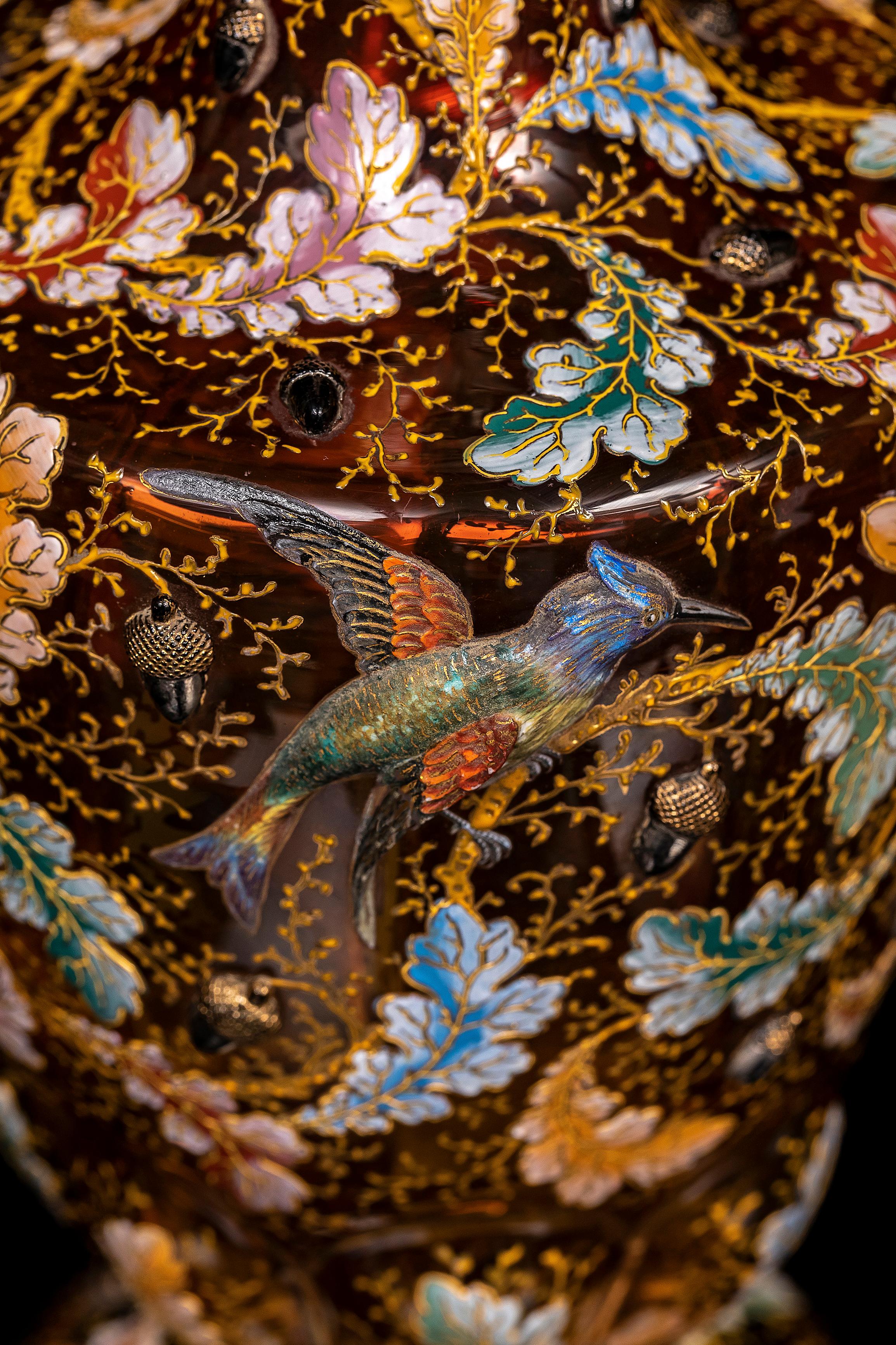 Large Pair of 19th C. Moser Red Crystal Enameled Gilt Ewers w/ Applied Parrots For Sale 8
