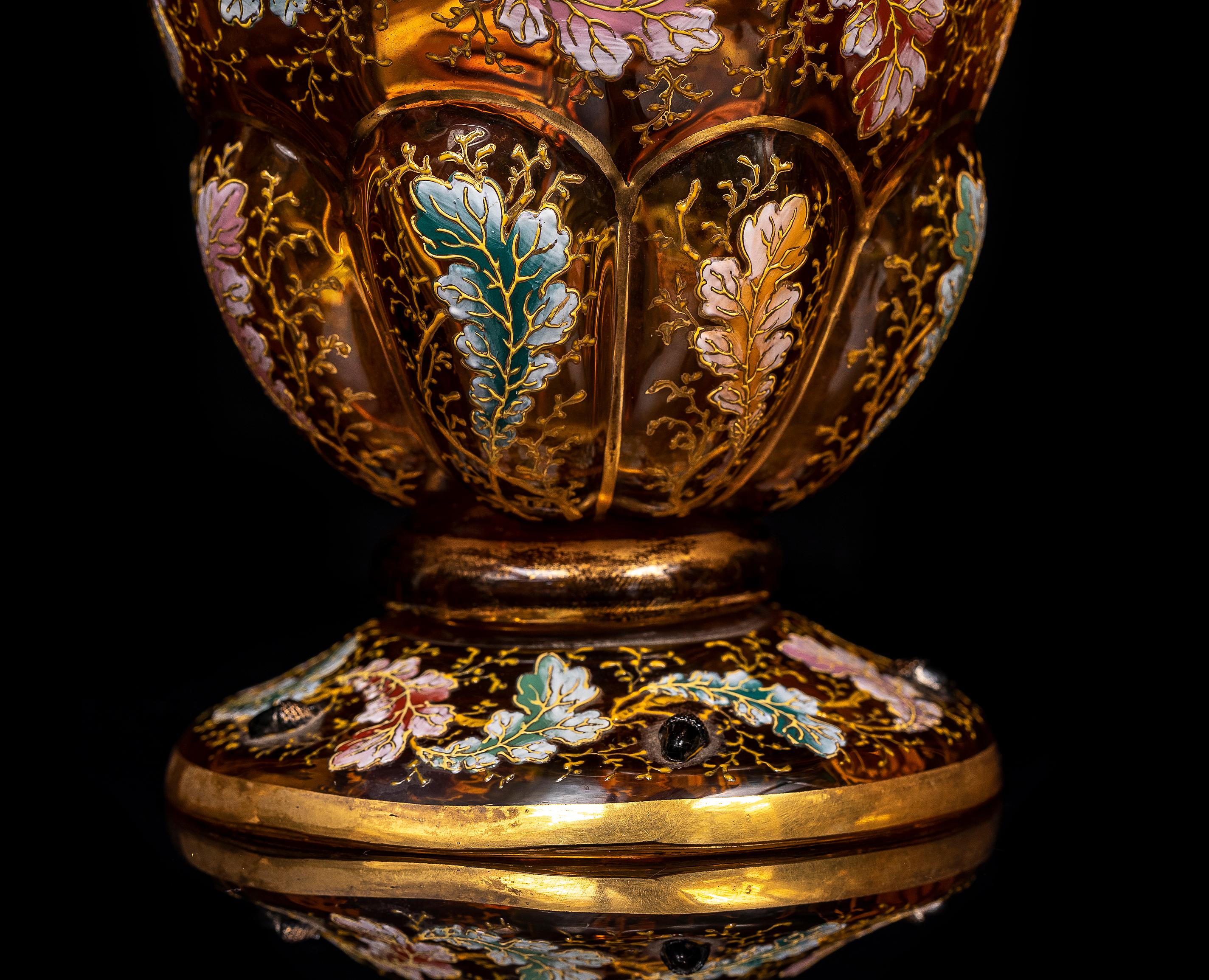 Large Pair of 19th C. Moser Red Crystal Enameled Gilt Ewers w/ Applied Parrots For Sale 10