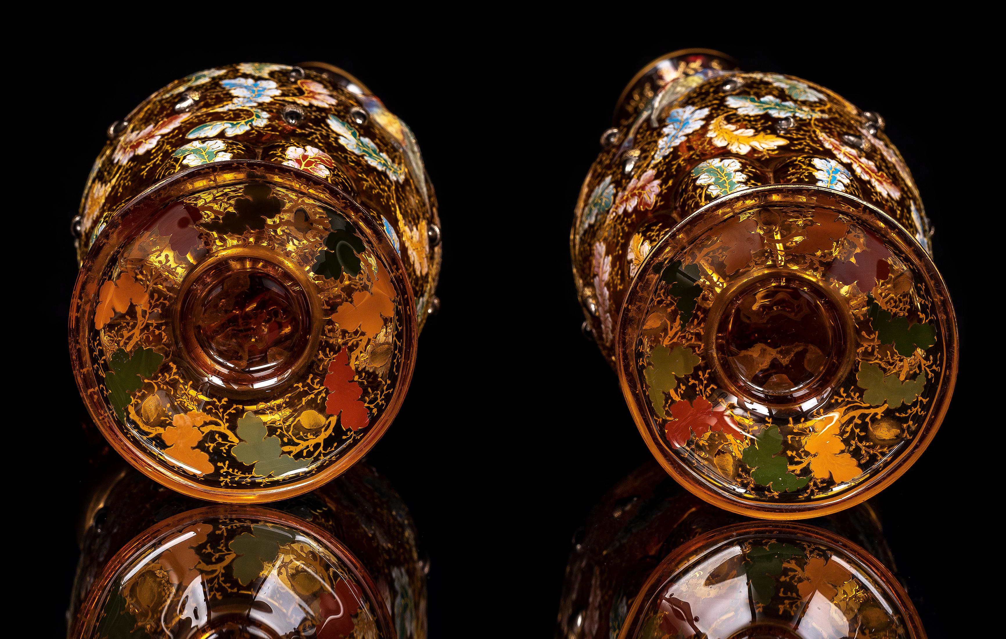 Large Pair of 19th C. Moser Red Crystal Enameled Gilt Ewers w/ Applied Parrots For Sale 13