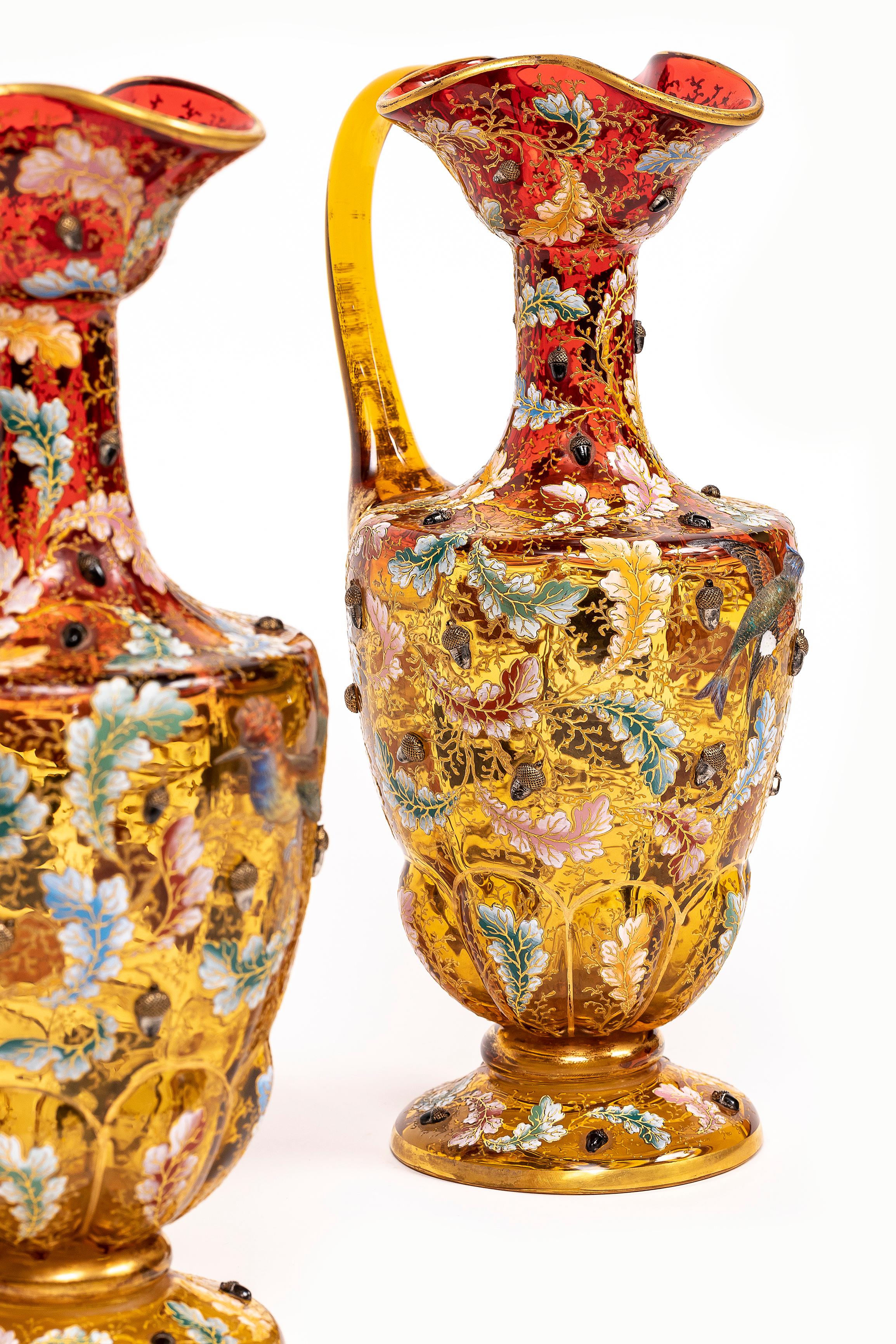 Other Large Pair of 19th C. Moser Red Crystal Enameled Gilt Ewers w/ Applied Parrots For Sale