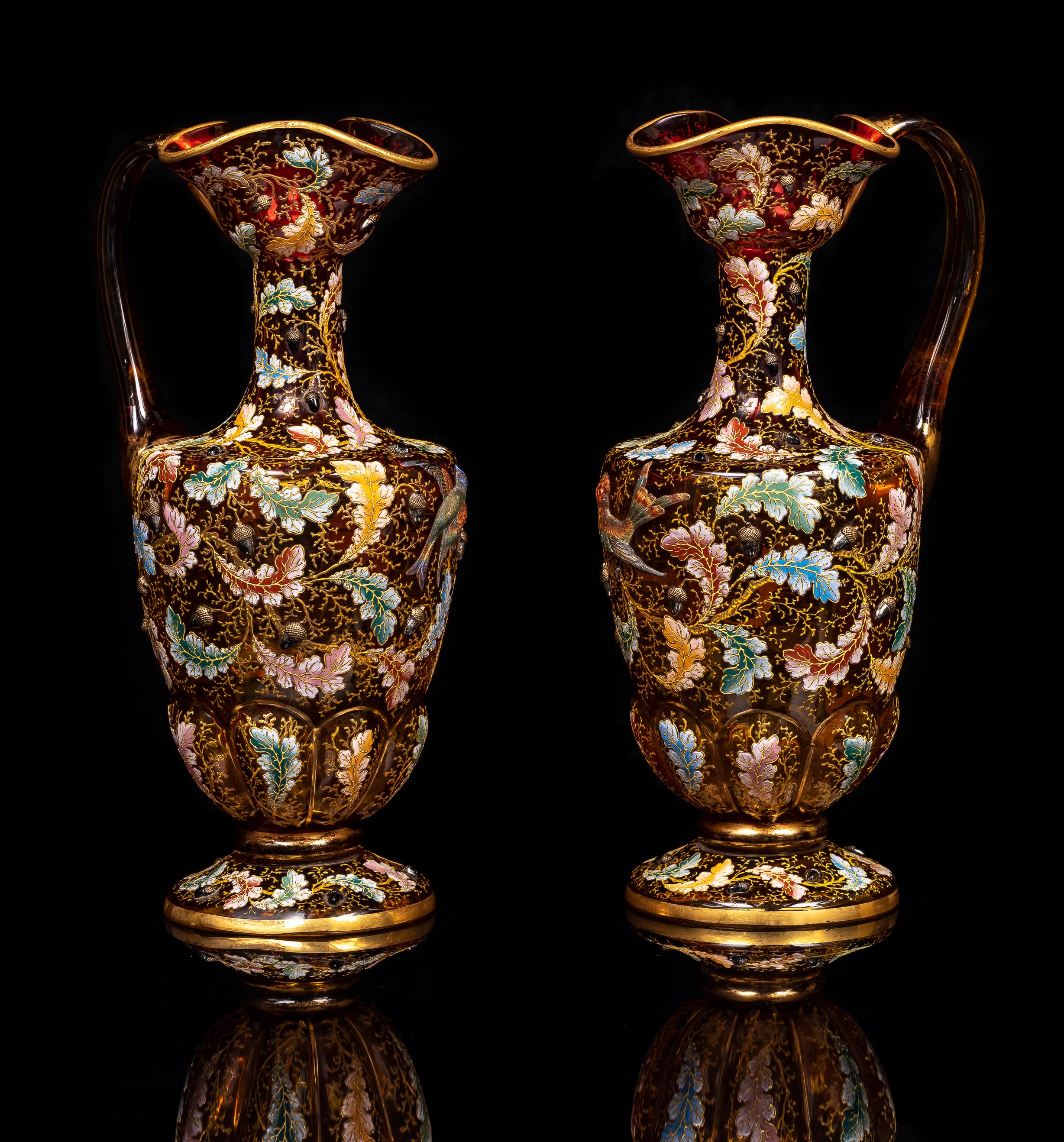 Czech Large Pair of 19th C. Moser Red Crystal Enameled Gilt Ewers w/ Applied Parrots For Sale