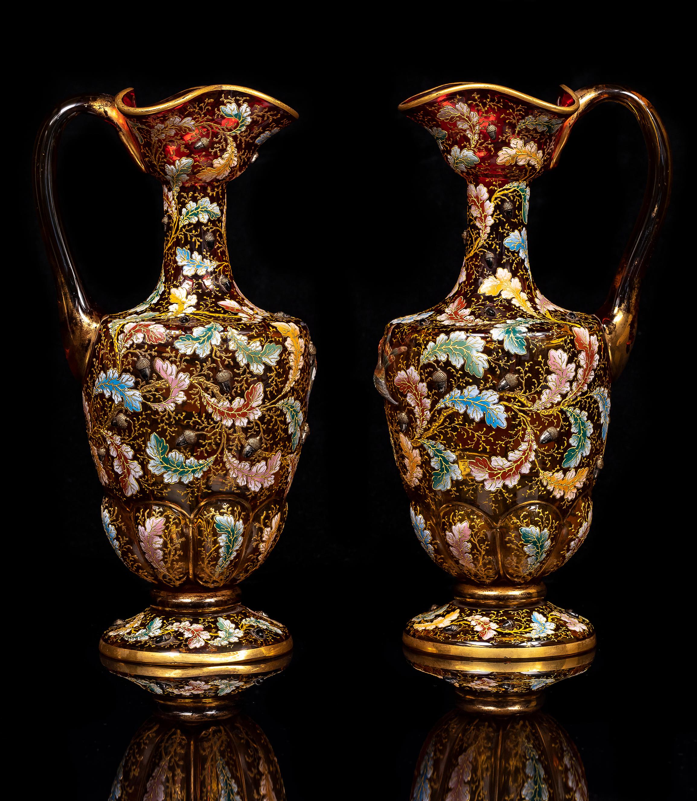 Large Pair of 19th C. Moser Red Crystal Enameled Gilt Ewers w/ Applied Parrots In Good Condition For Sale In New York, NY
