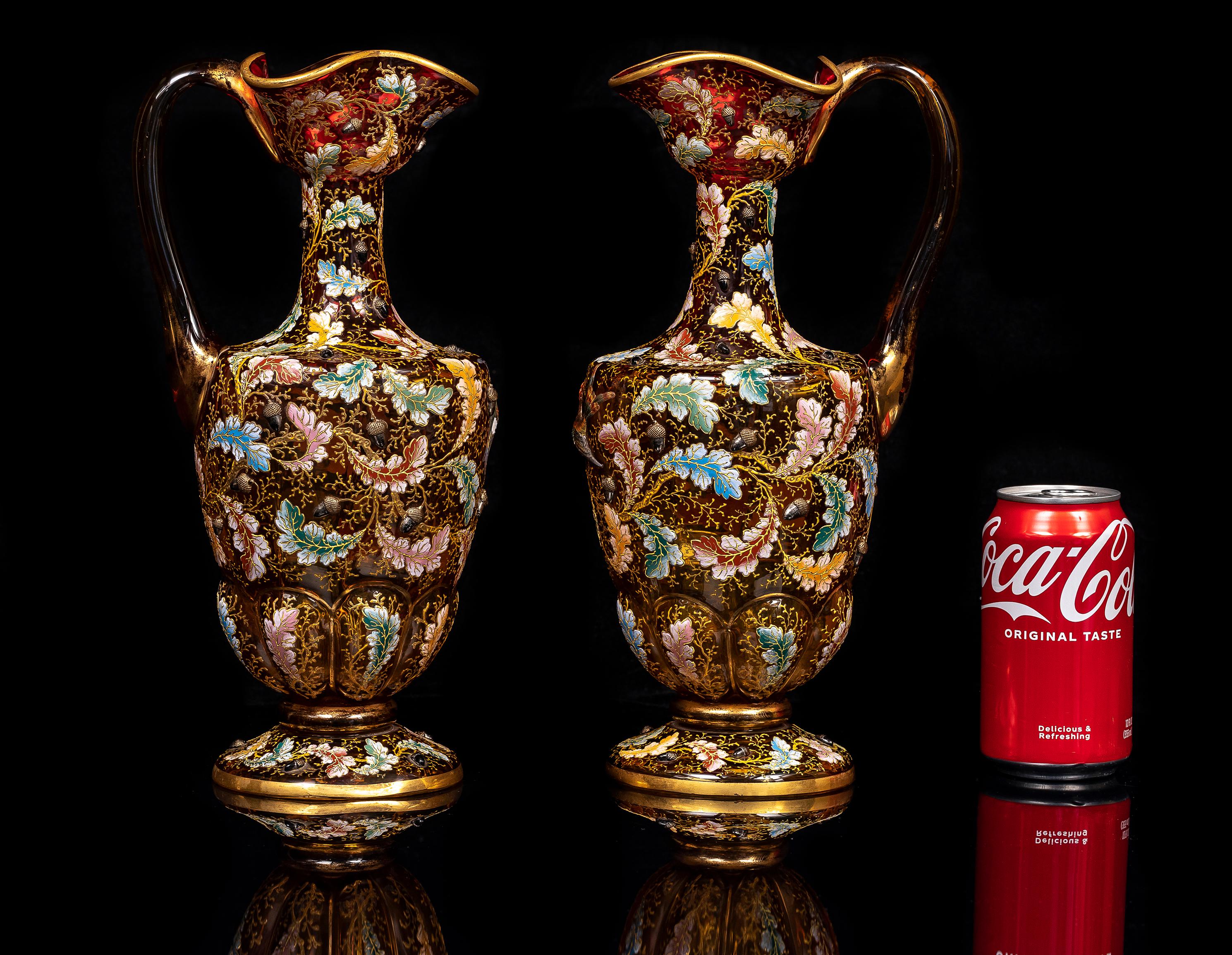 Late 19th Century Large Pair of 19th C. Moser Red Crystal Enameled Gilt Ewers w/ Applied Parrots For Sale