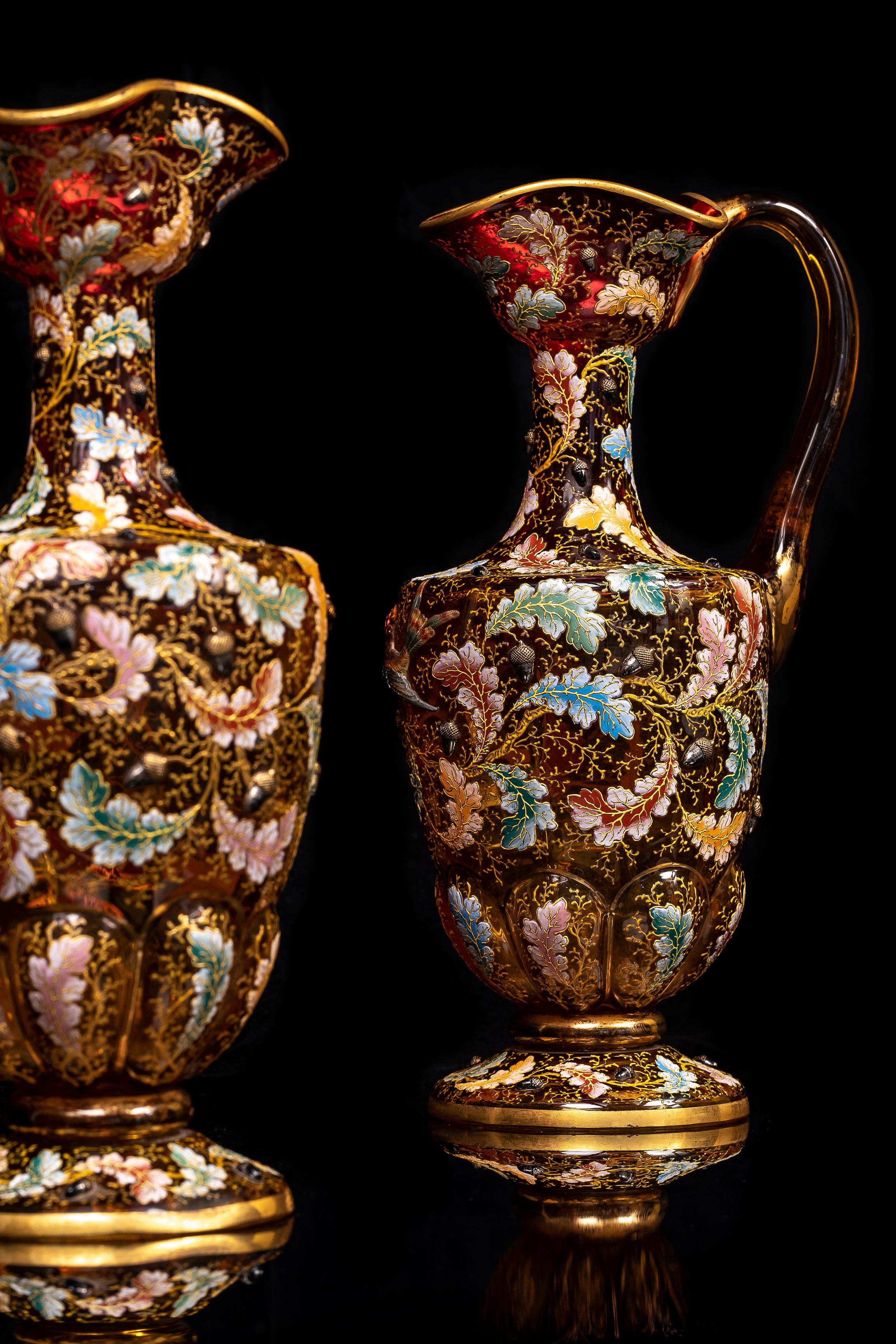 Large Pair of 19th C. Moser Red Crystal Enameled Gilt Ewers w/ Applied Parrots For Sale 1