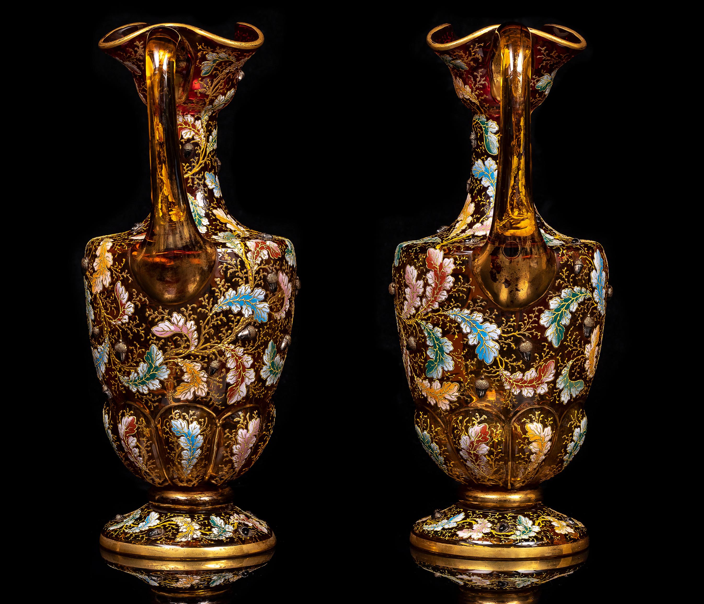 Large Pair of 19th C. Moser Red Crystal Enameled Gilt Ewers w/ Applied Parrots For Sale 2