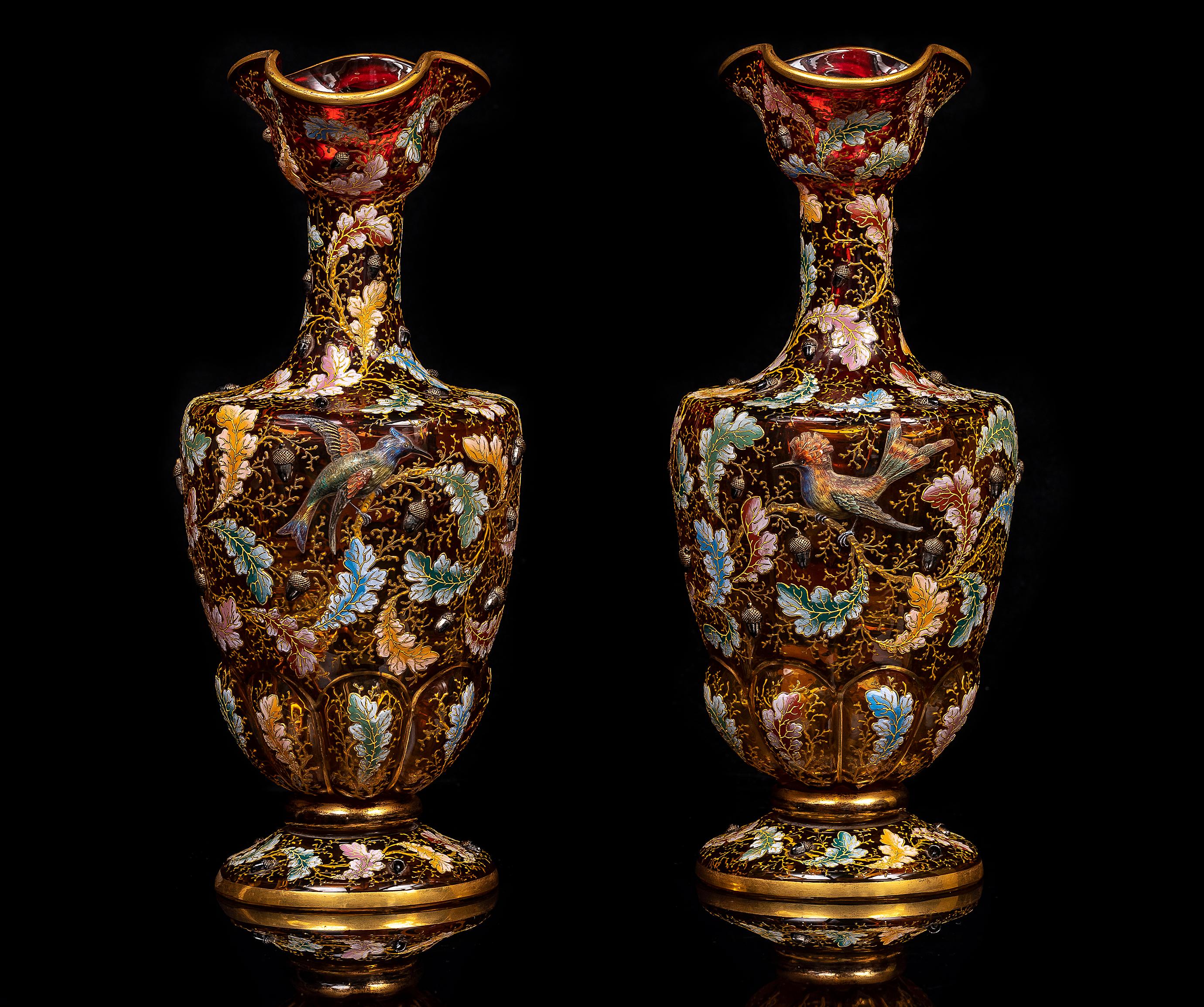 Large Pair of 19th C. Moser Red Crystal Enameled Gilt Ewers w/ Applied Parrots For Sale 3