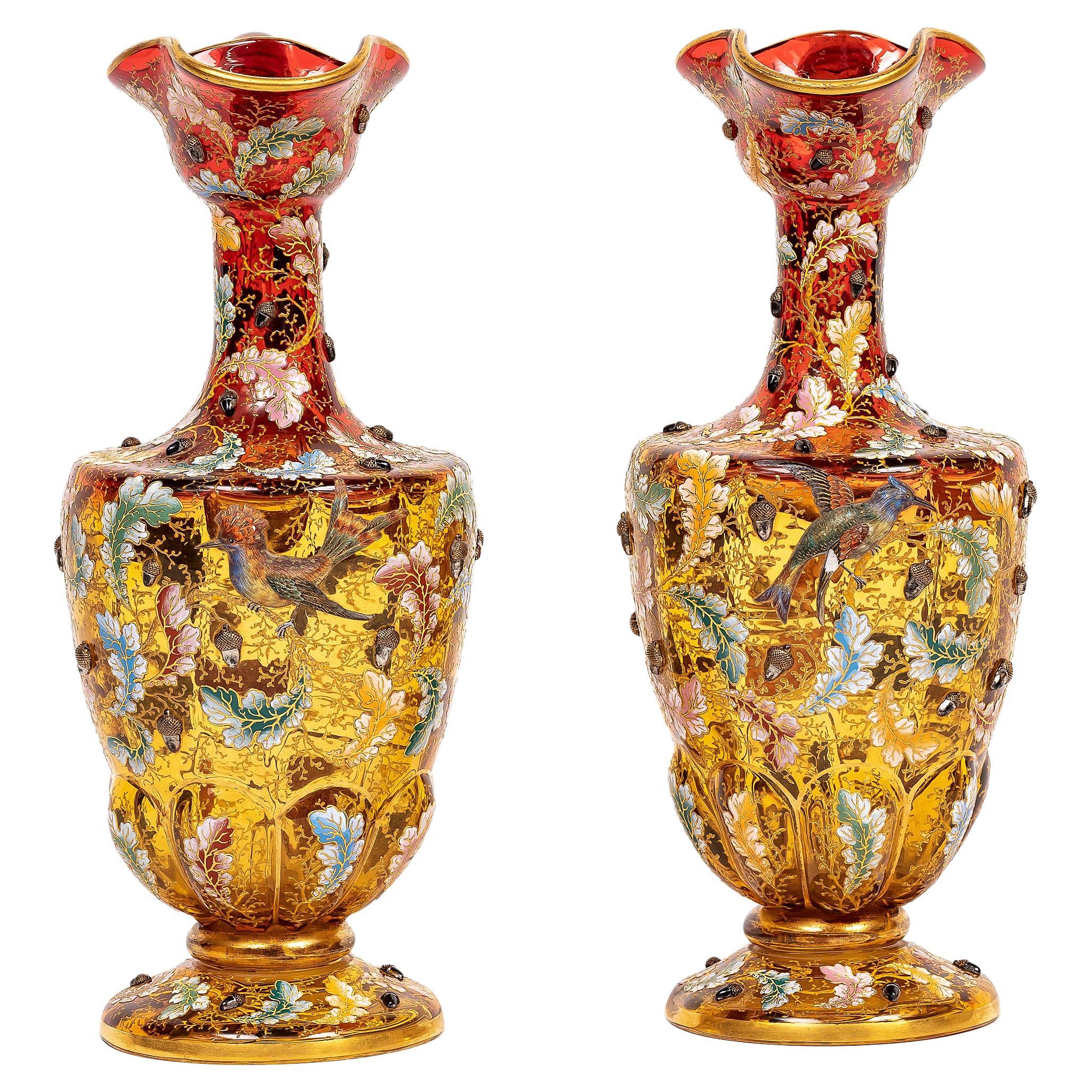 Large Pair of 19th C. Moser Red Crystal Enameled Gilt Ewers w/ Applied Parrots