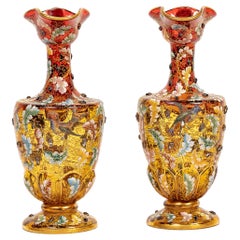 Large Pair of 19th C. Moser Red Crystal Enameled Gilt Ewers w/ Applied Parrots