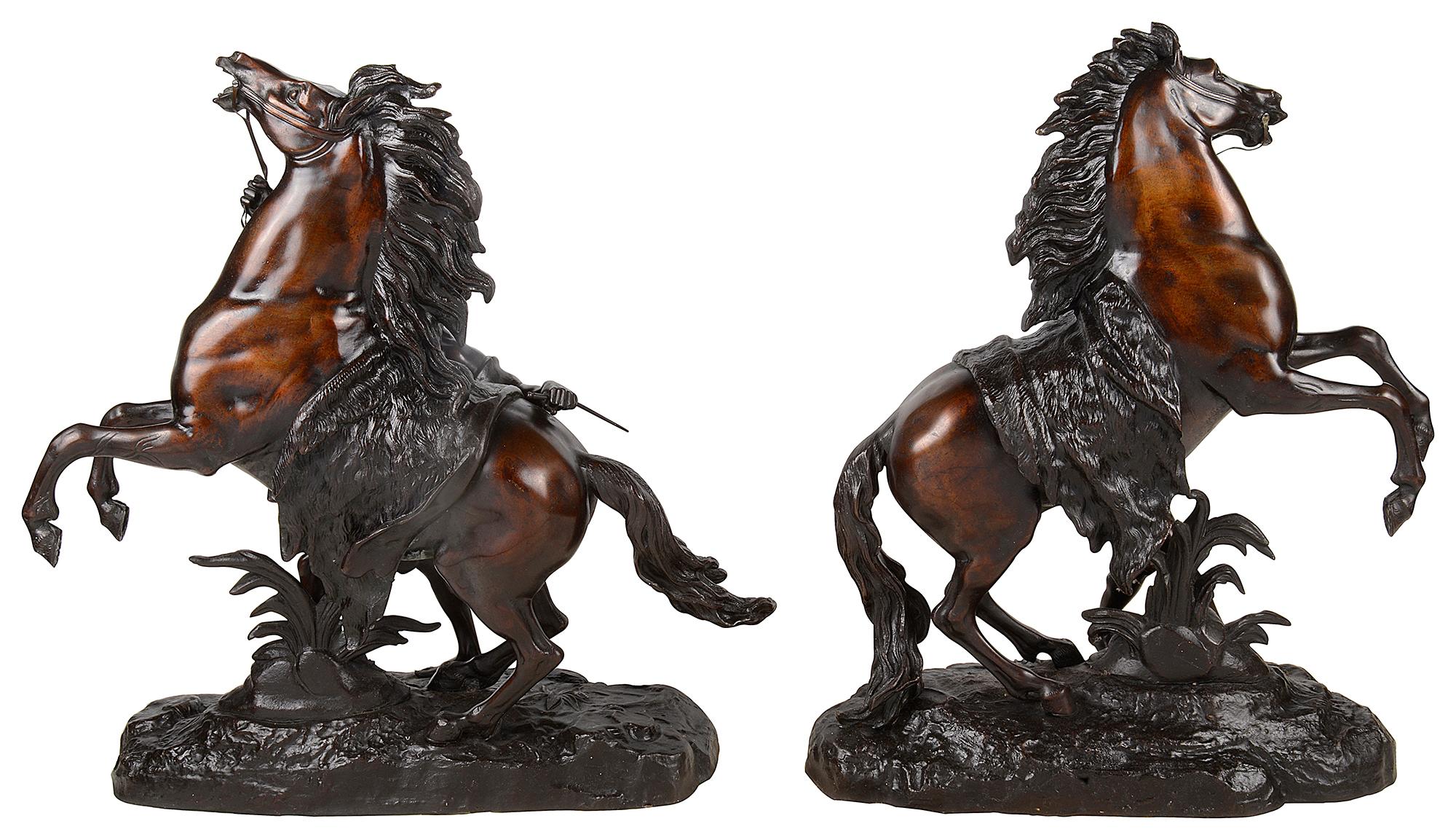 Patinated Large Pair of 19th Century Bronze Marly Horses, After Coustou For Sale