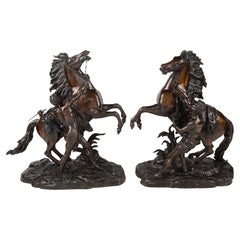 Large Pair of 19th Century Bronze Marly Horses, After Coustou