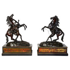 Large Pair of 19th Century Bronze Marly Horses on Boulle Stands 32"(81cm)