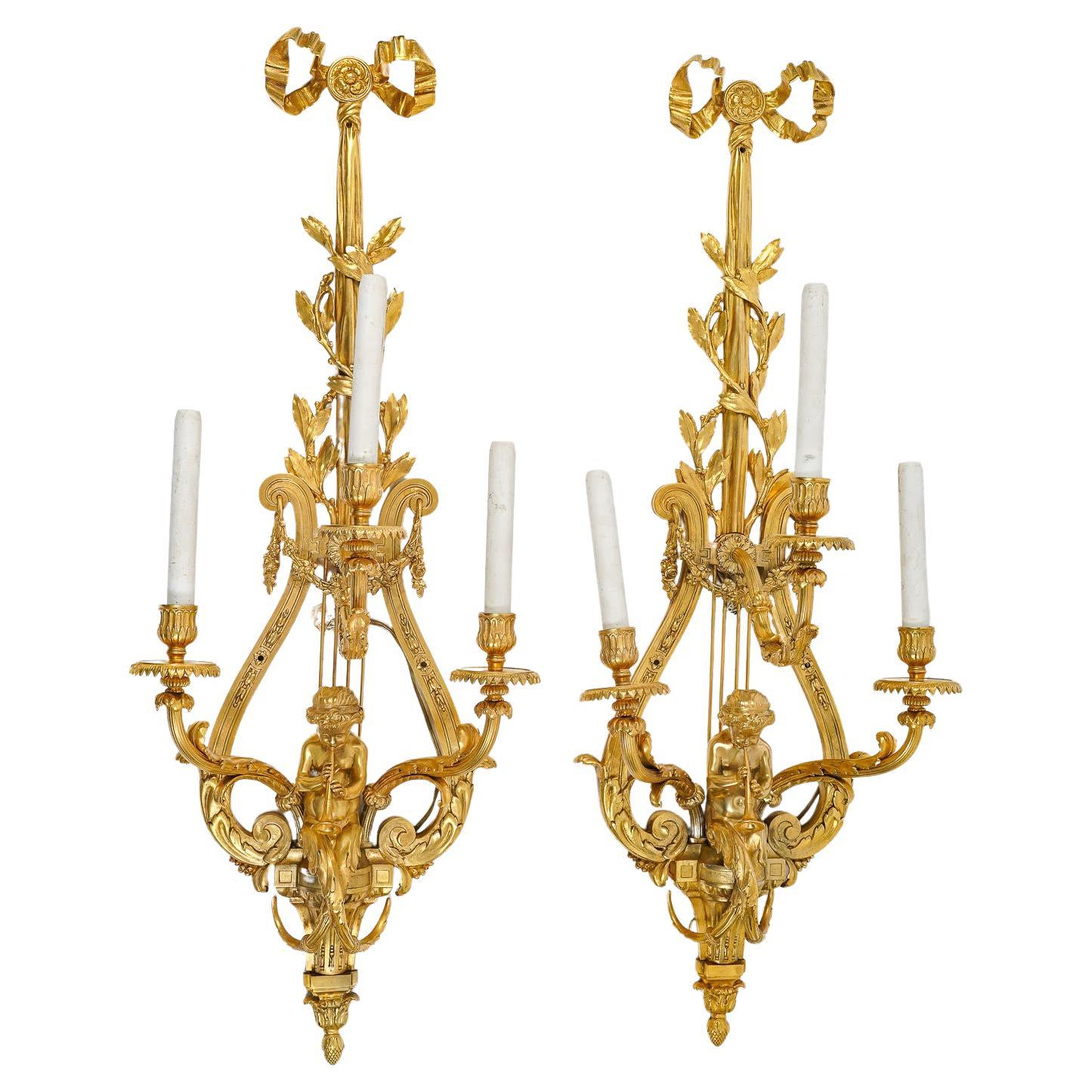 Large Pair of 19th Century Chased and Gilt Bronze Sconces. For Sale