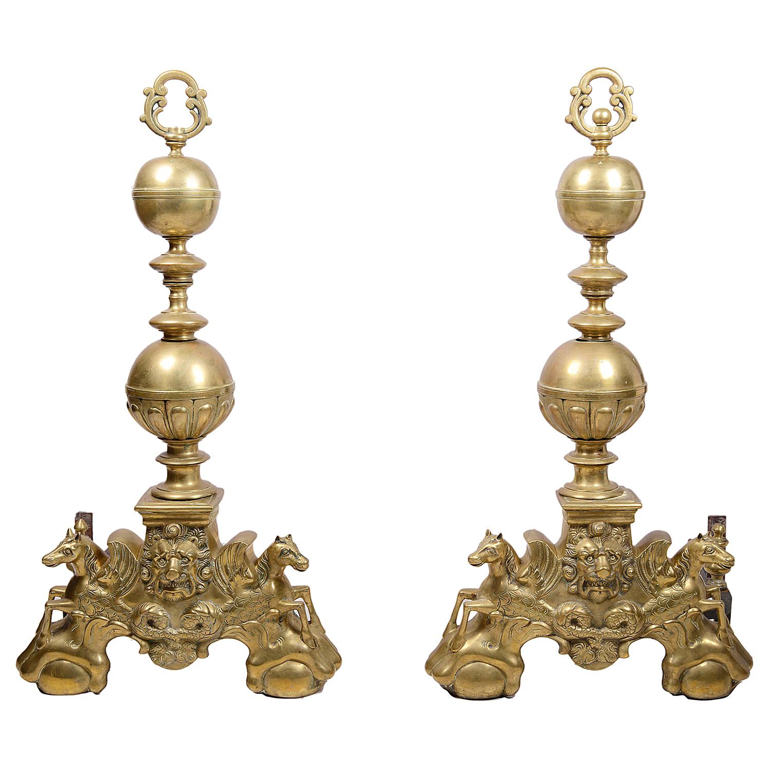 Large Pair of 19th Century Classical Brass Andirons or Firedogs