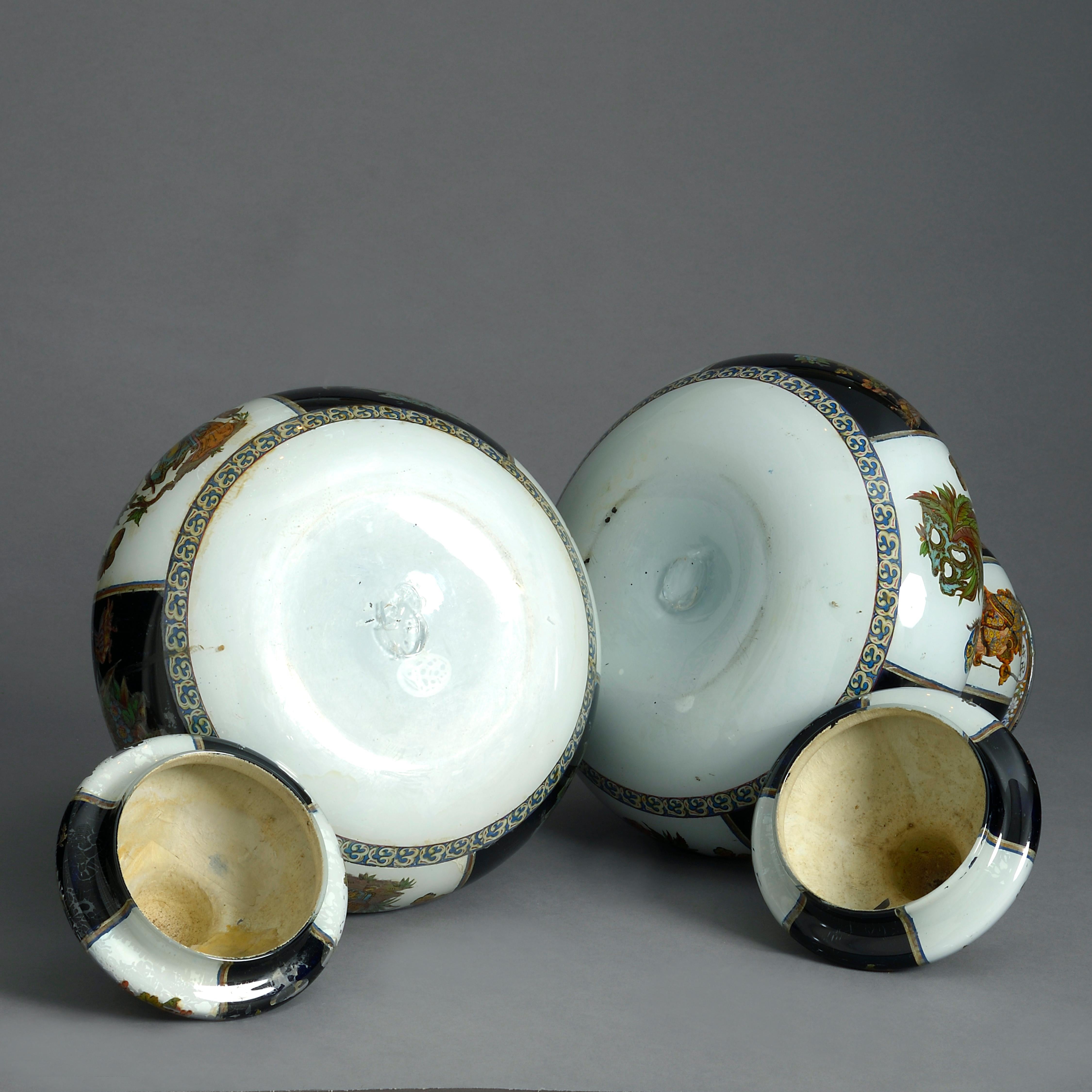 Chinese Export Large Pair of 19th Century Decalcomania Gourd Vases