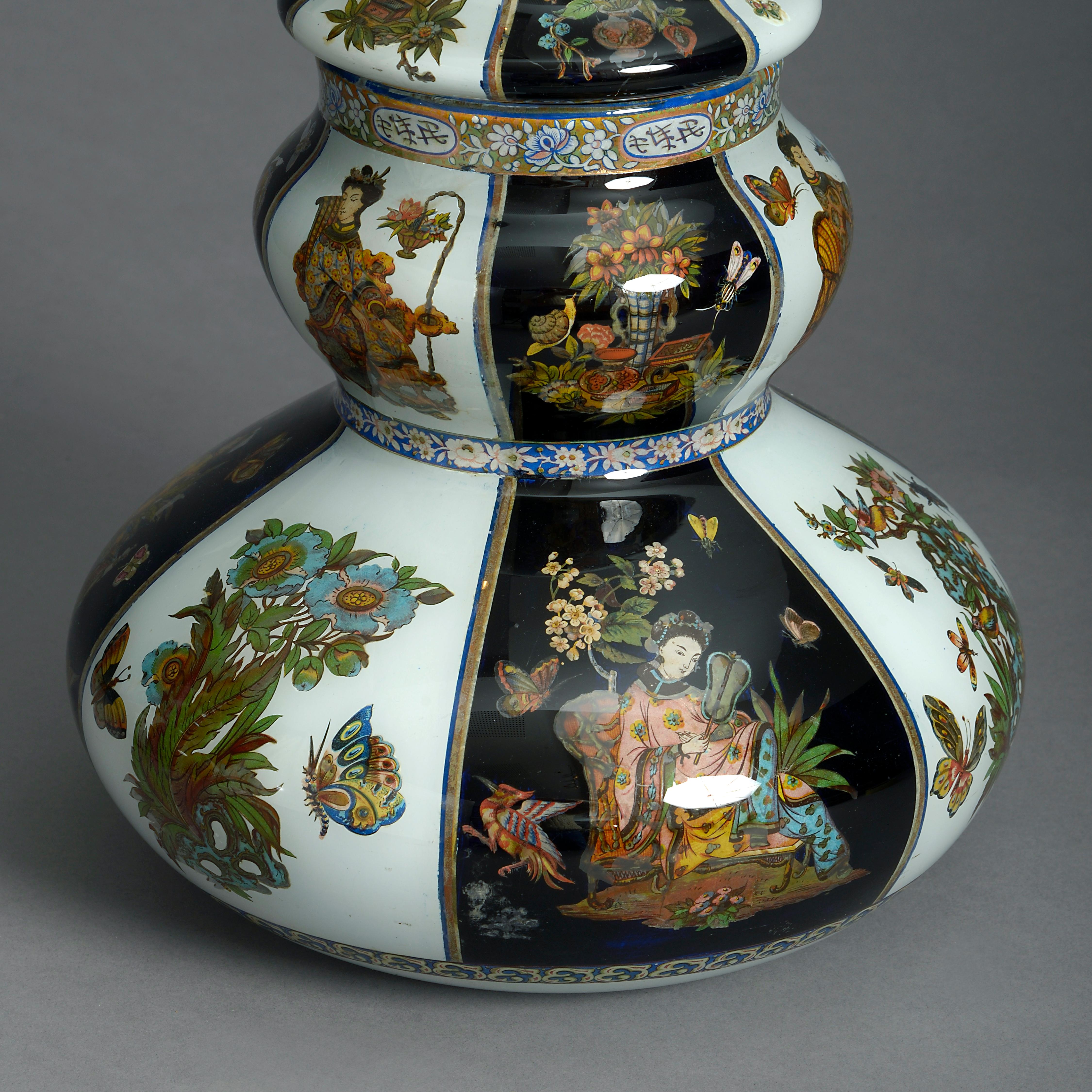 Italian Large Pair of 19th Century Decalcomania Gourd Vases