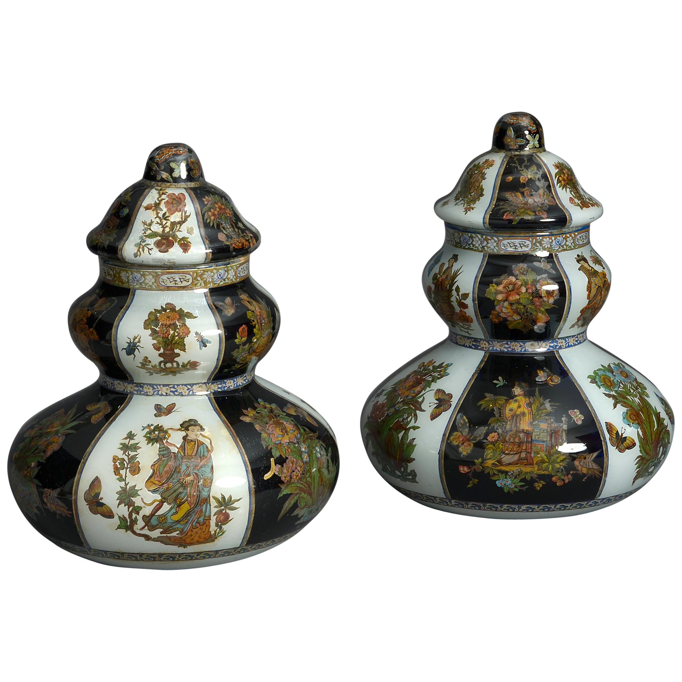 Large Pair of 19th Century Decalcomania Gourd Vases