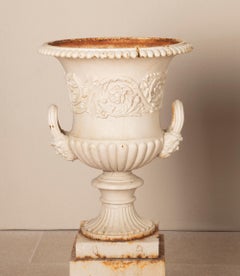 Large Pair of 19th Century English Cast Iron Campana Urns on Plinths