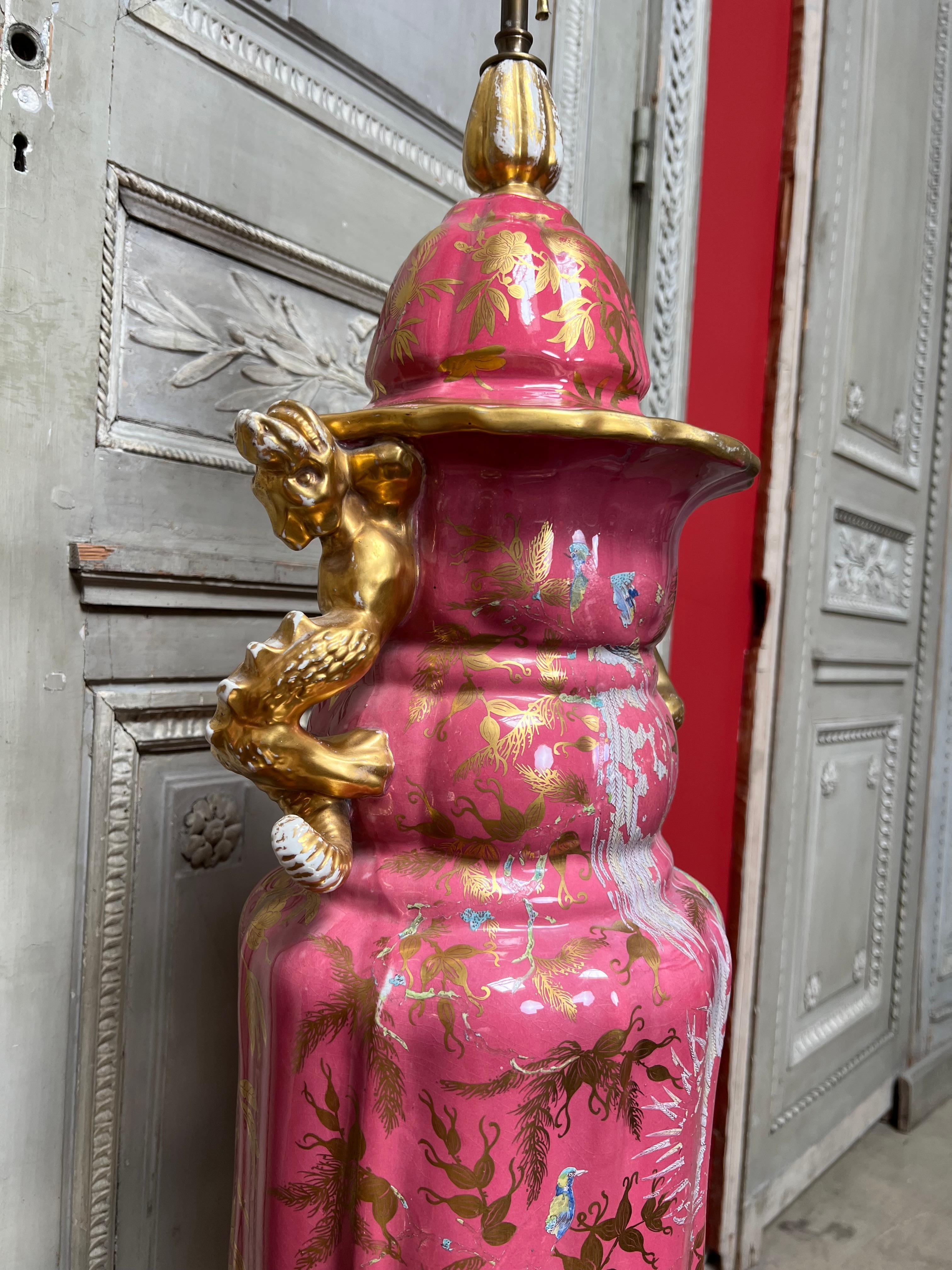 Chinoiserie Large Pair of 19th Century English Ironstone Lamp Bases in Pink and Gold.  For Sale