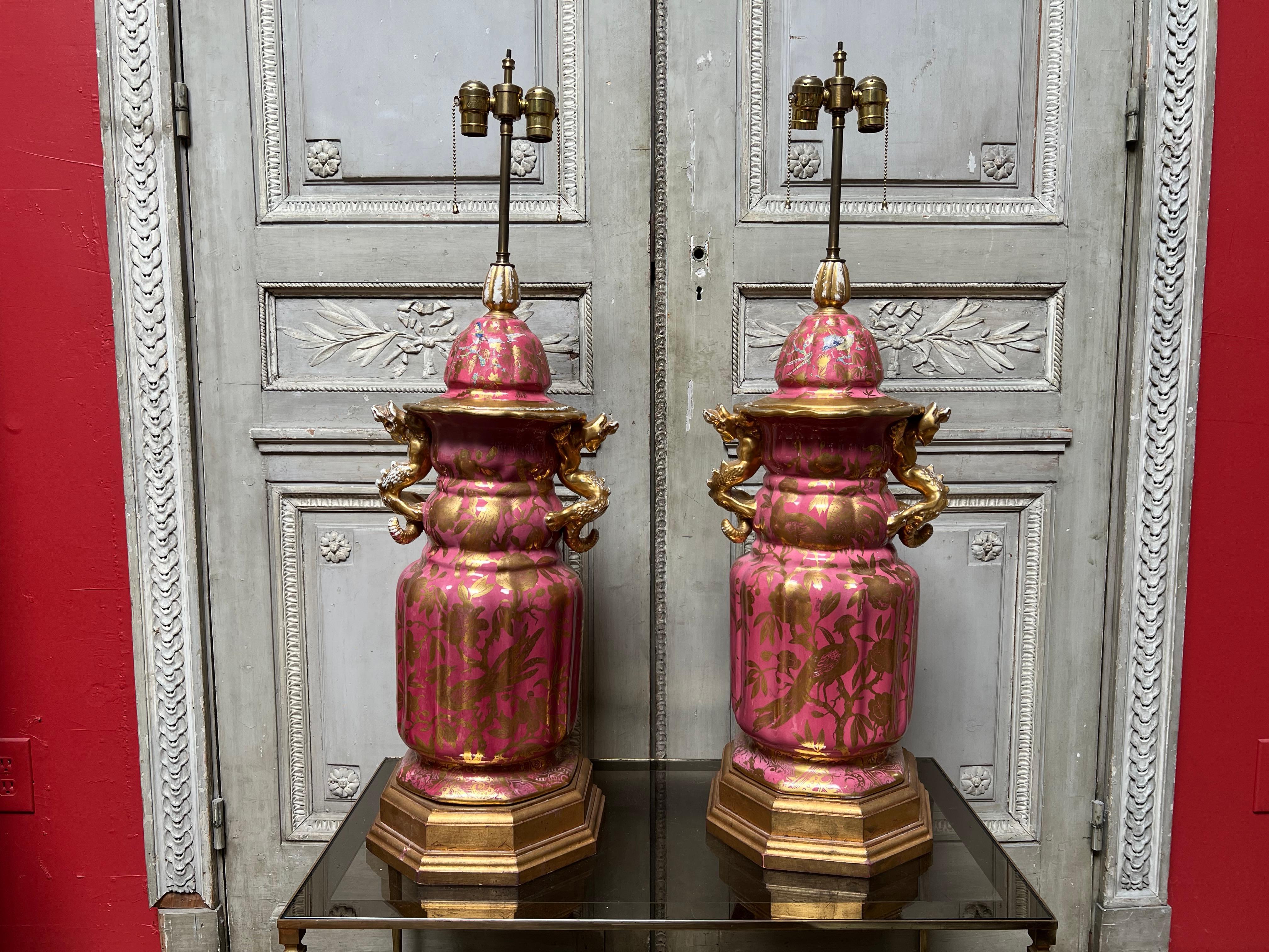 French Large Pair of 19th Century English Ironstone Lamp Bases in Pink and Gold.  For Sale