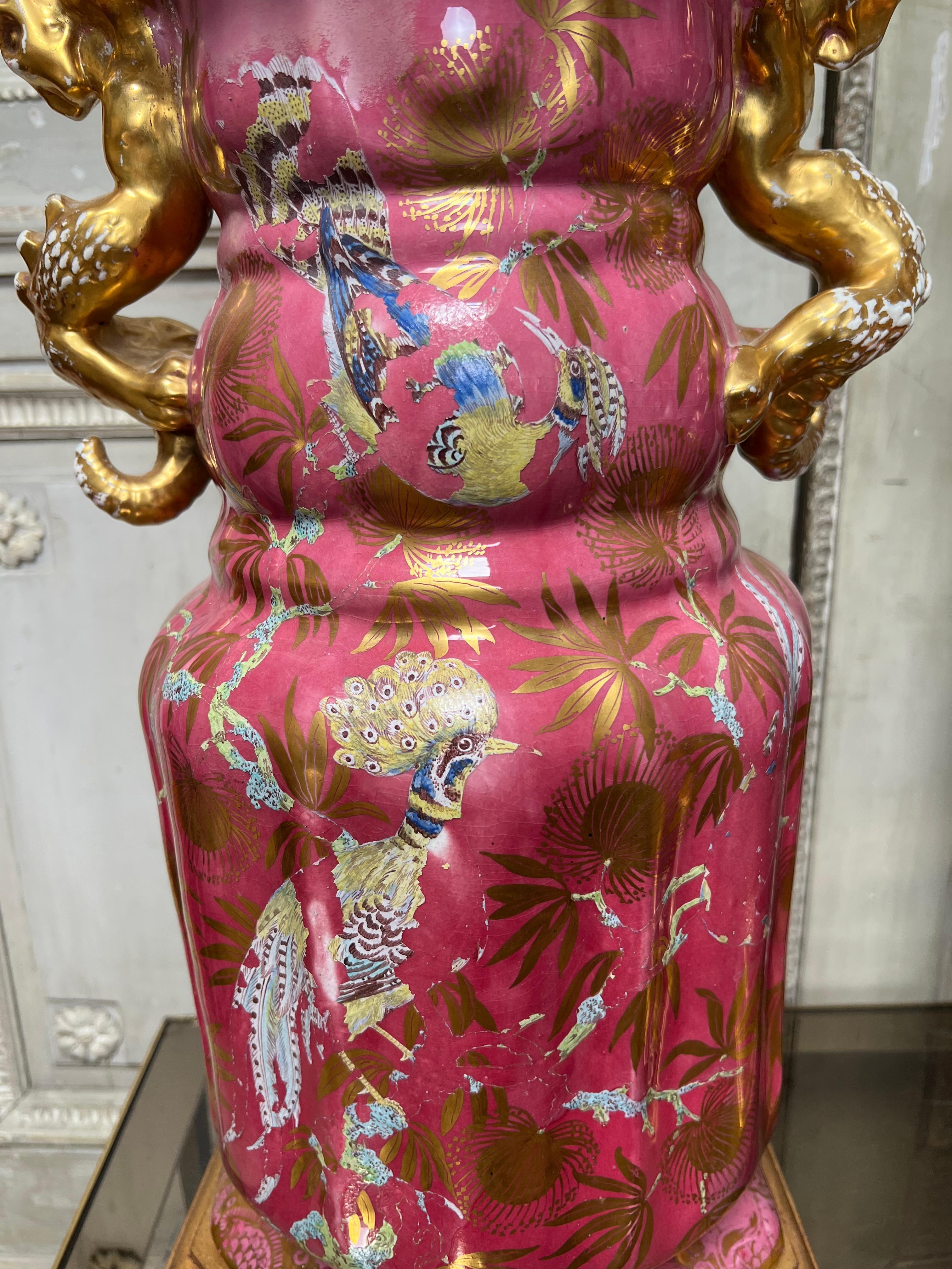 Large Pair of 19th Century English Ironstone Lamp Bases in Pink and Gold.  For Sale 1