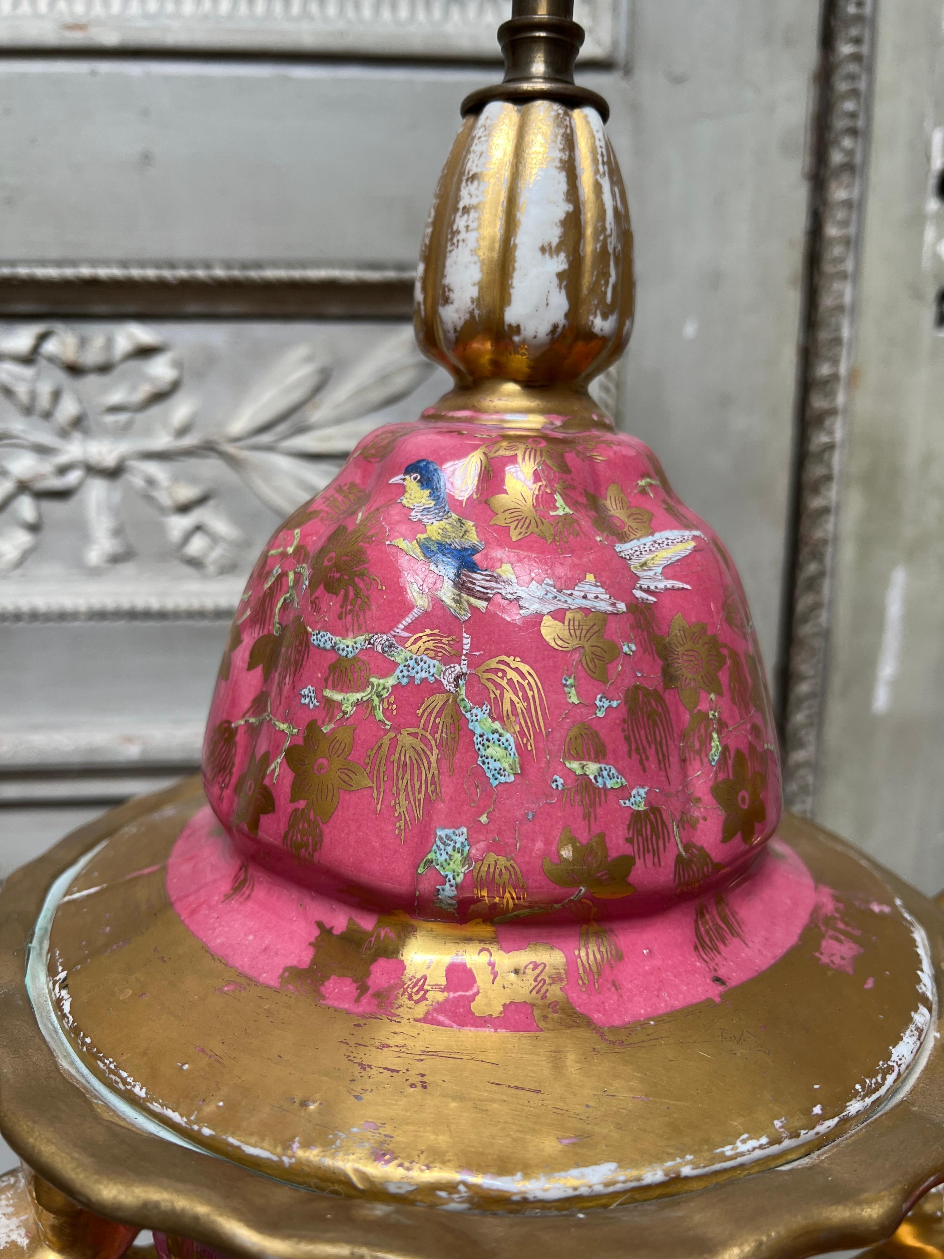 Large Pair of 19th Century English Ironstone Lamp Bases in Pink and Gold.  For Sale 2
