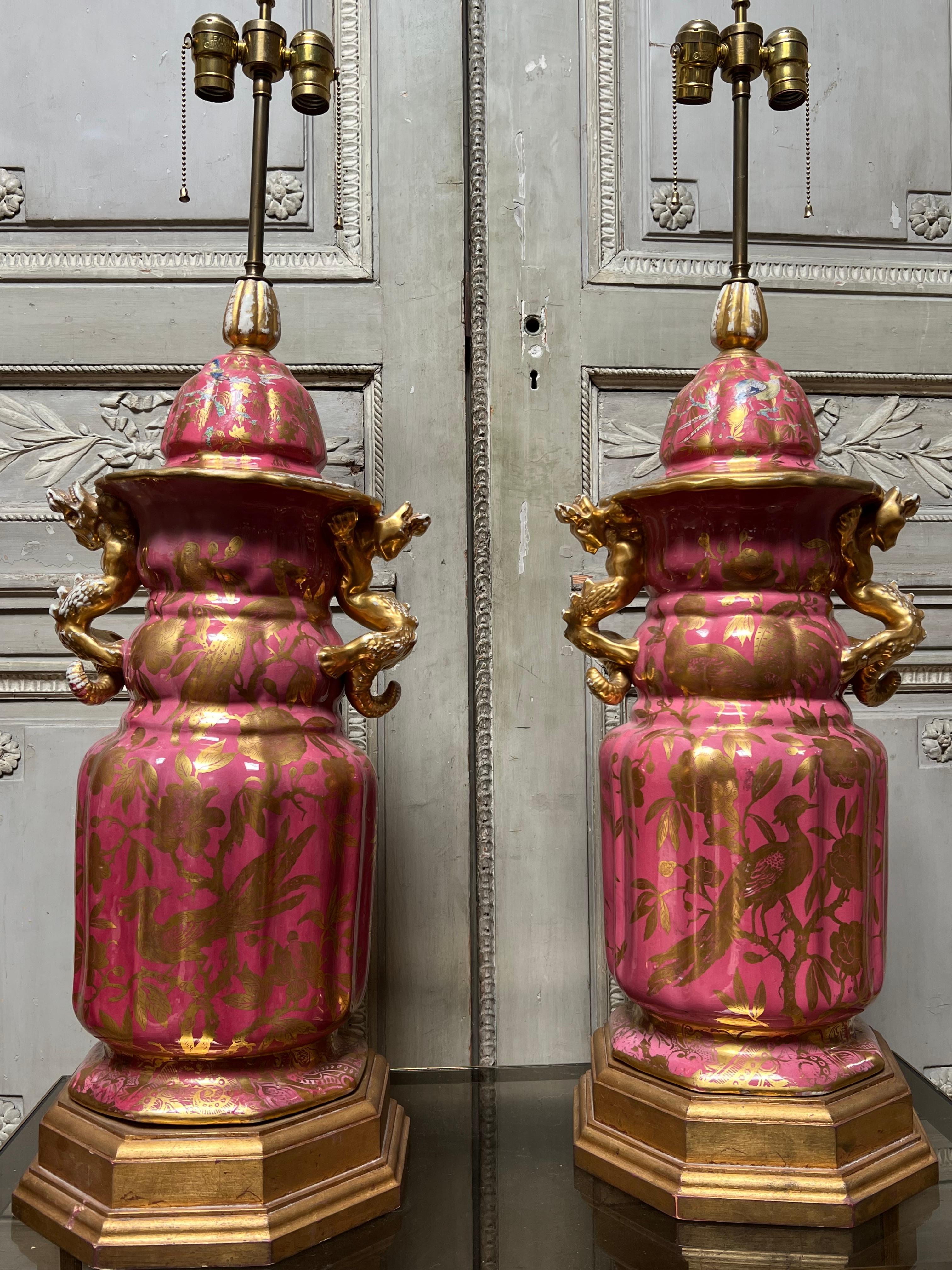 Large Pair of 19th Century English Ironstone Lamp Bases in Pink and Gold.  For Sale 3