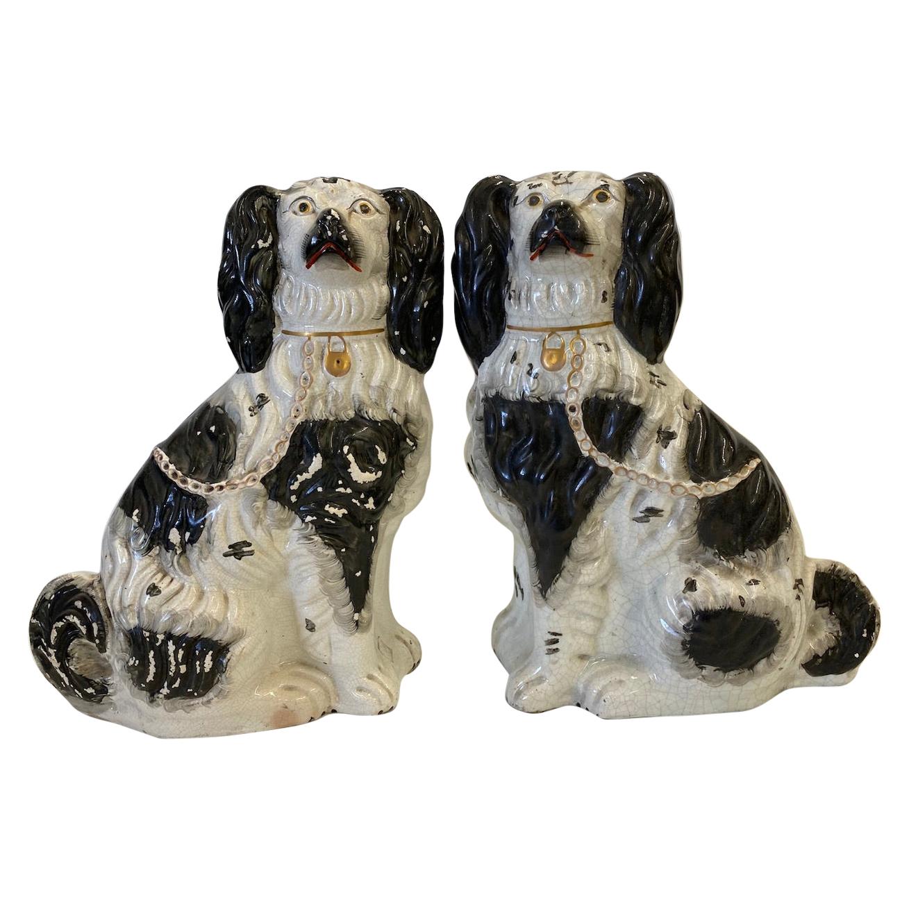 Large Pair of 19th Century English Staffordshire, Black and White Spaniels