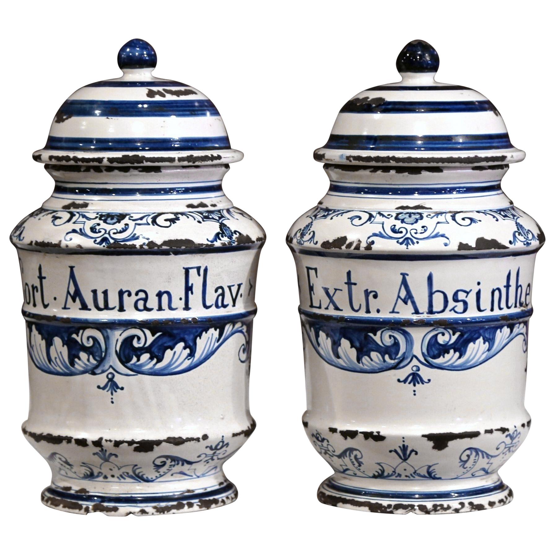 Large Pair of 19th Century French Blue and White Ceramic Apothecary