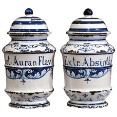 Large Pair of 19th Century French Blue and White Ceramic Apothecary Jars