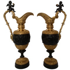 Large Pair of 19th Century French Bronze and Gilt Bronze Ewers
