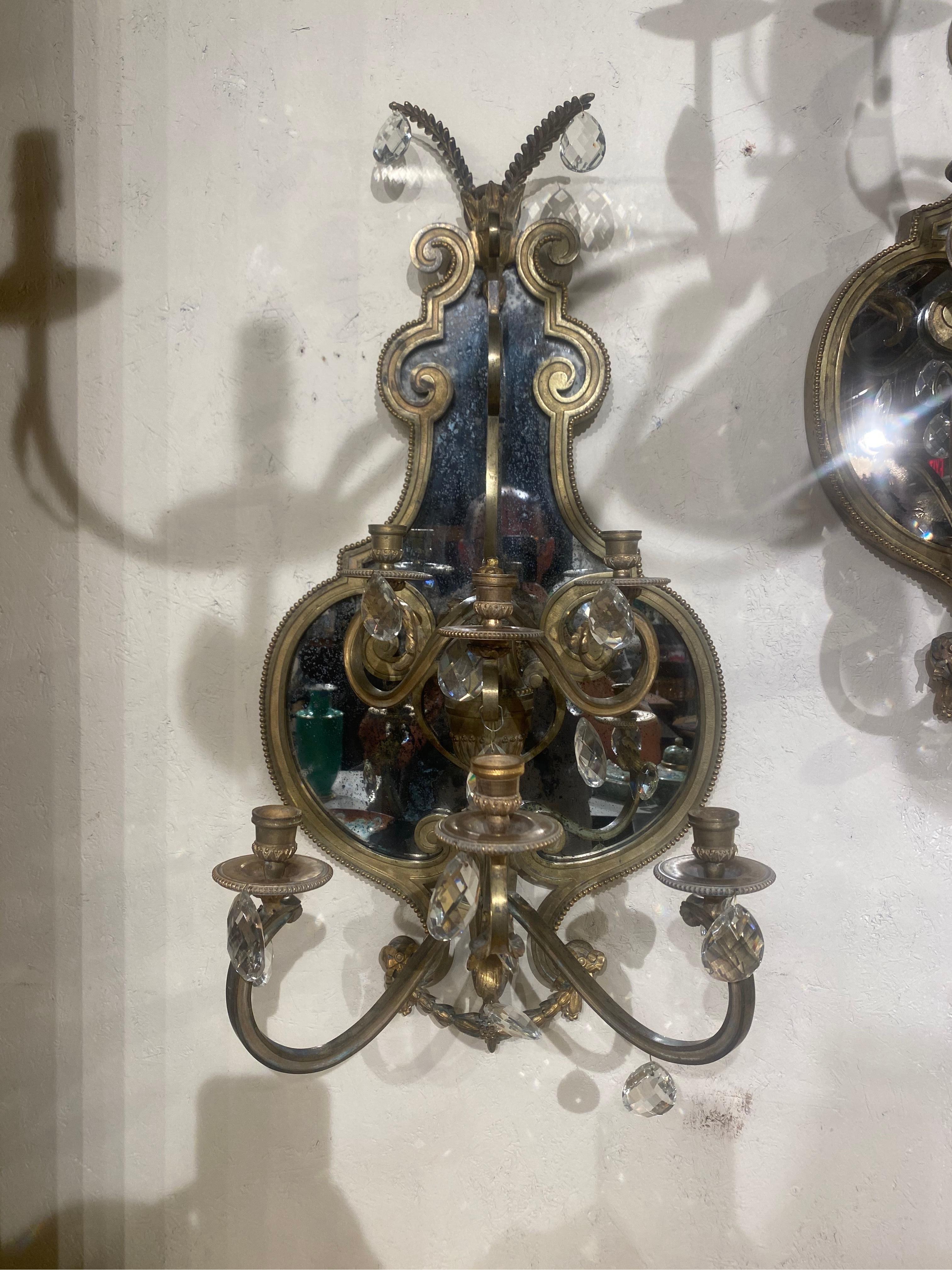 Large Pair of 19th Century French Bronze and Mirrored Sconces In Good Condition For Sale In Charleston, SC