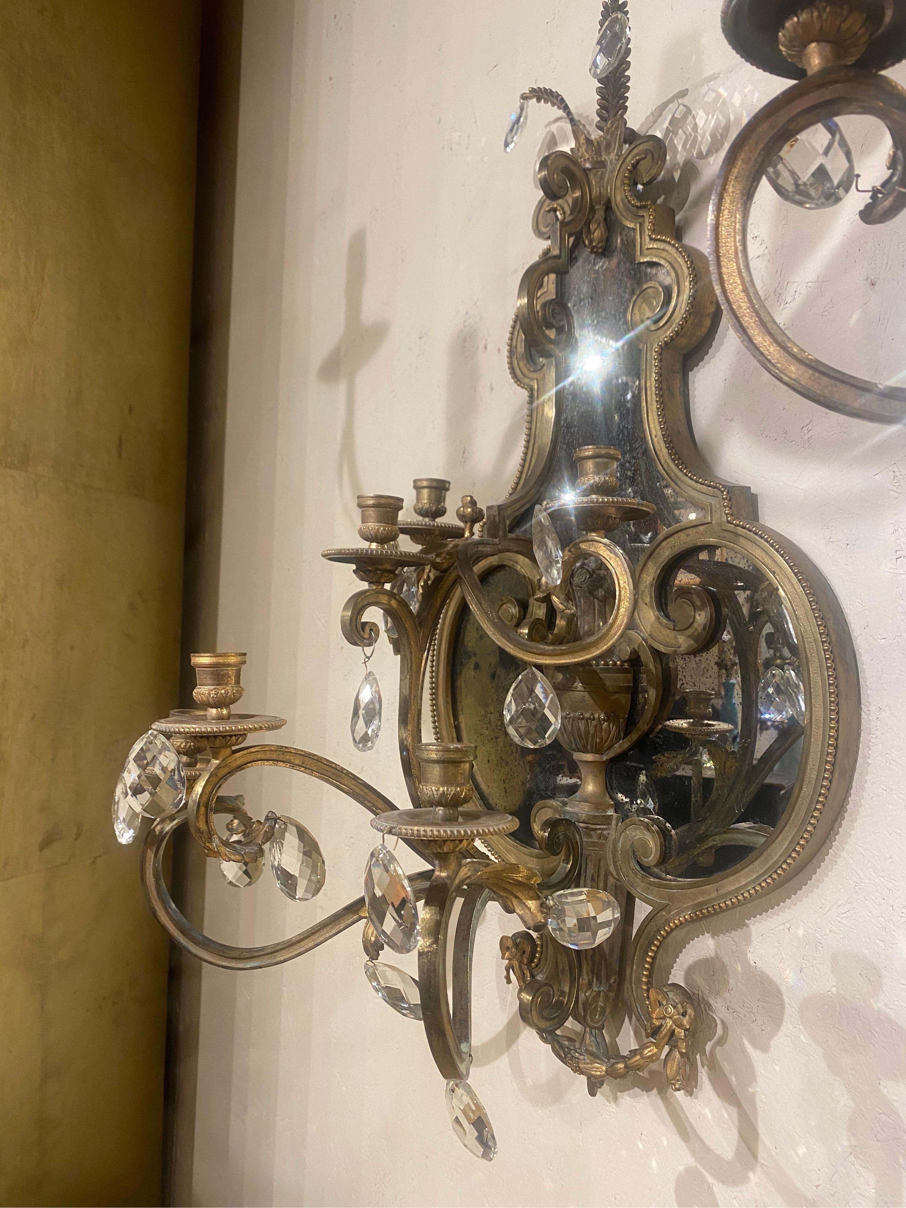 Large Pair of 19th Century French Bronze and Mirrored Sconces For Sale 1
