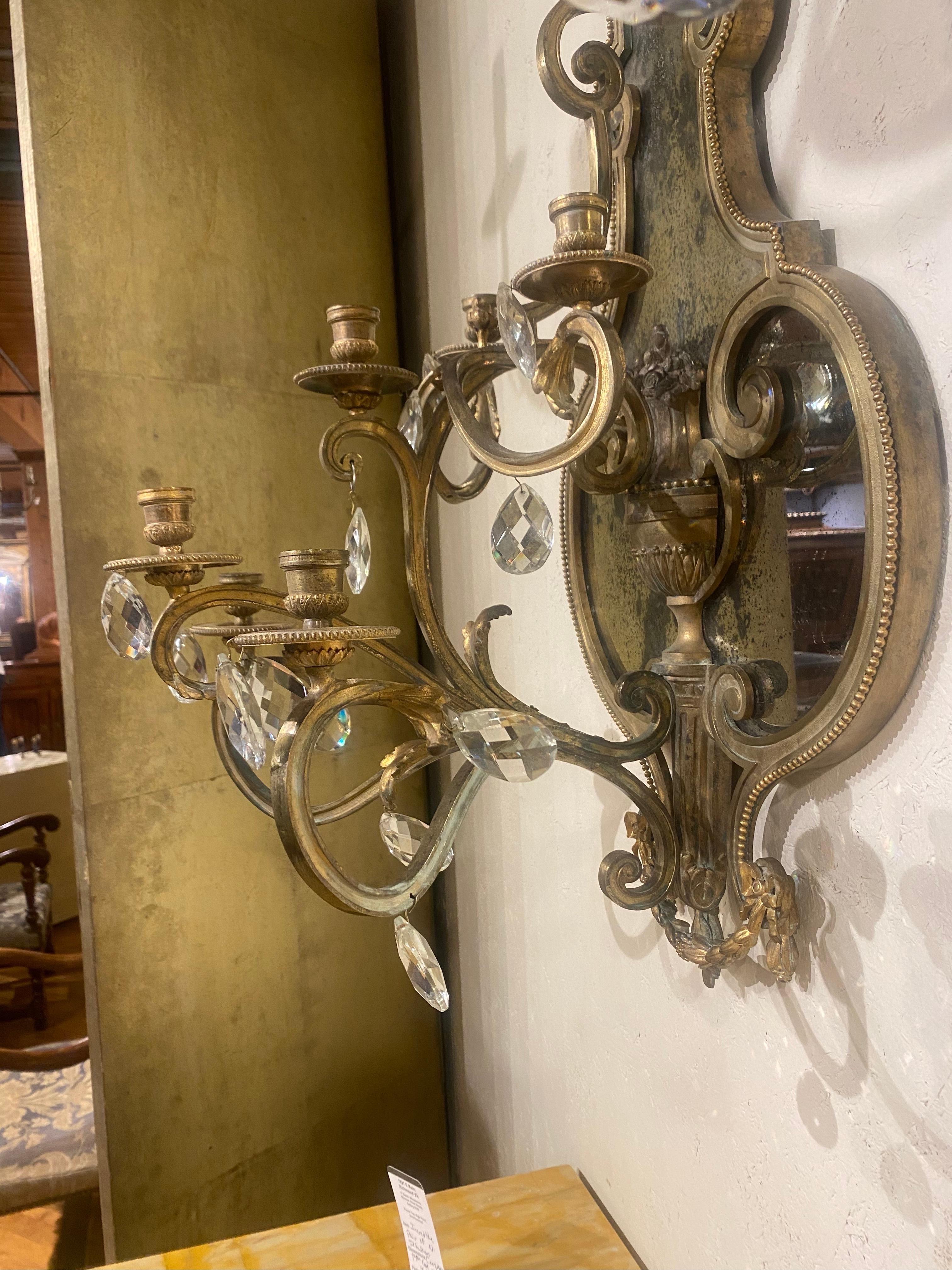 Large Pair of 19th Century French Bronze and Mirrored Sconces For Sale 2