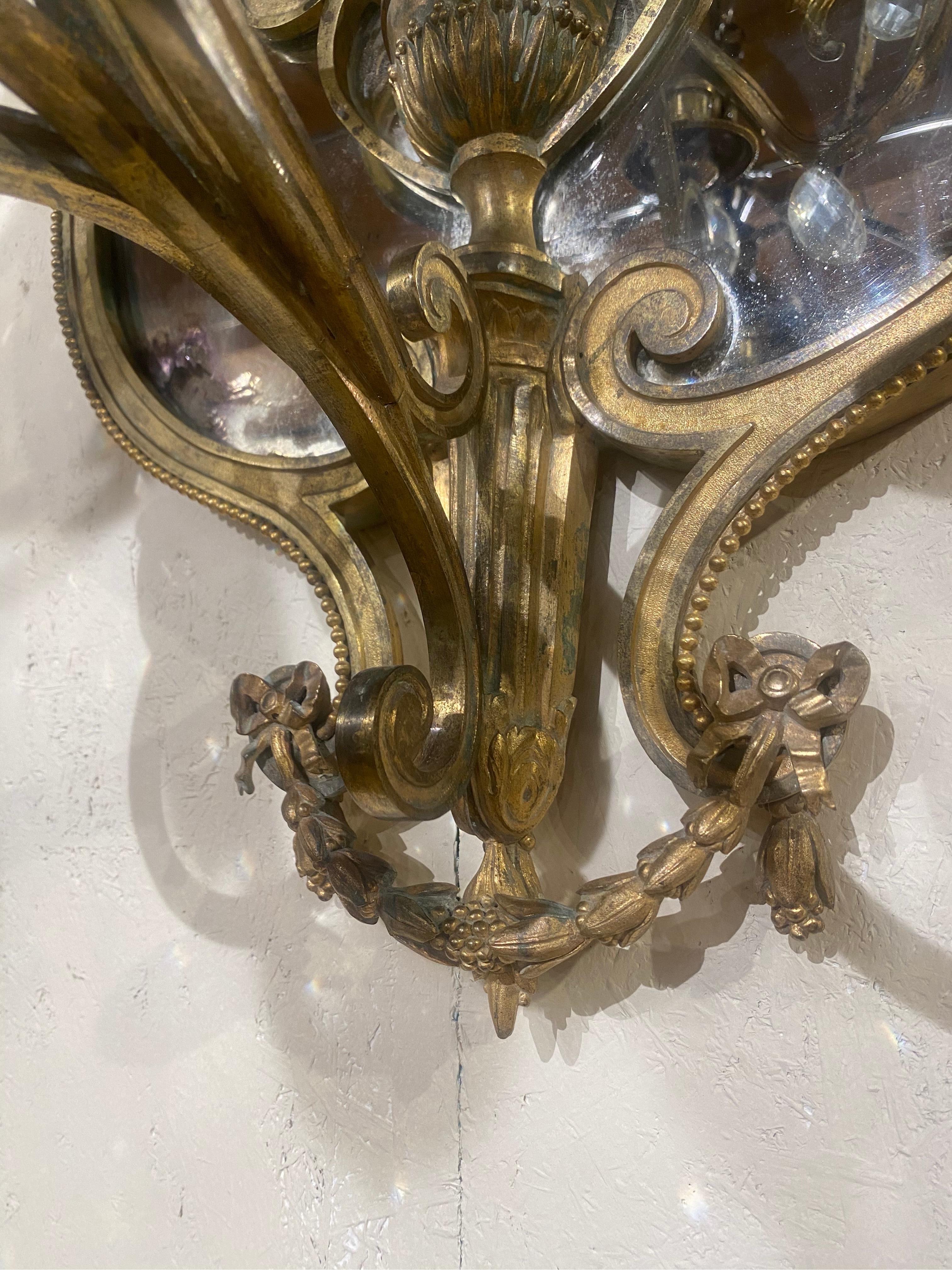 Large Pair of 19th Century French Bronze and Mirrored Sconces For Sale 3