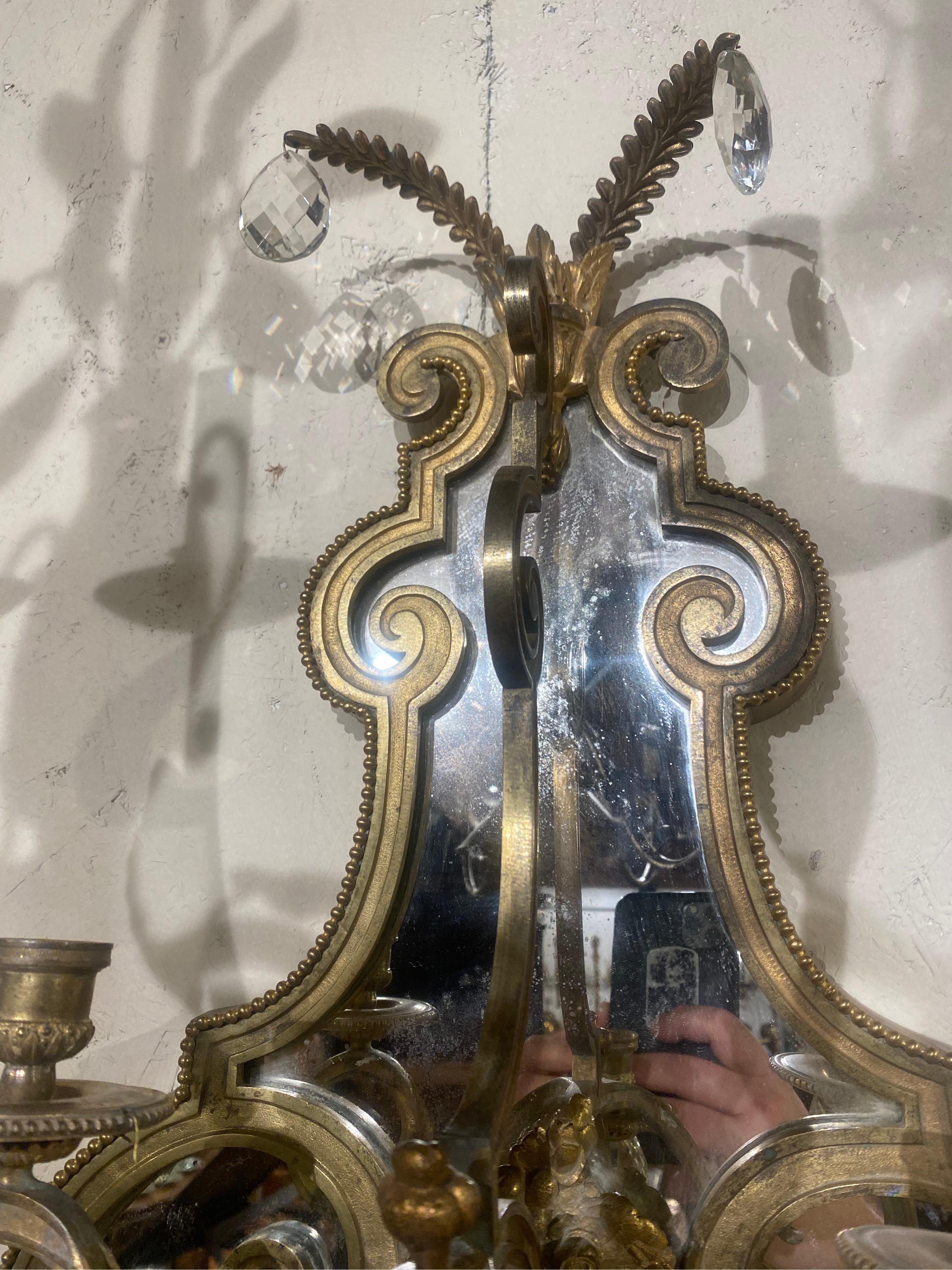 Large Pair of 19th Century French Bronze and Mirrored Sconces For Sale 4