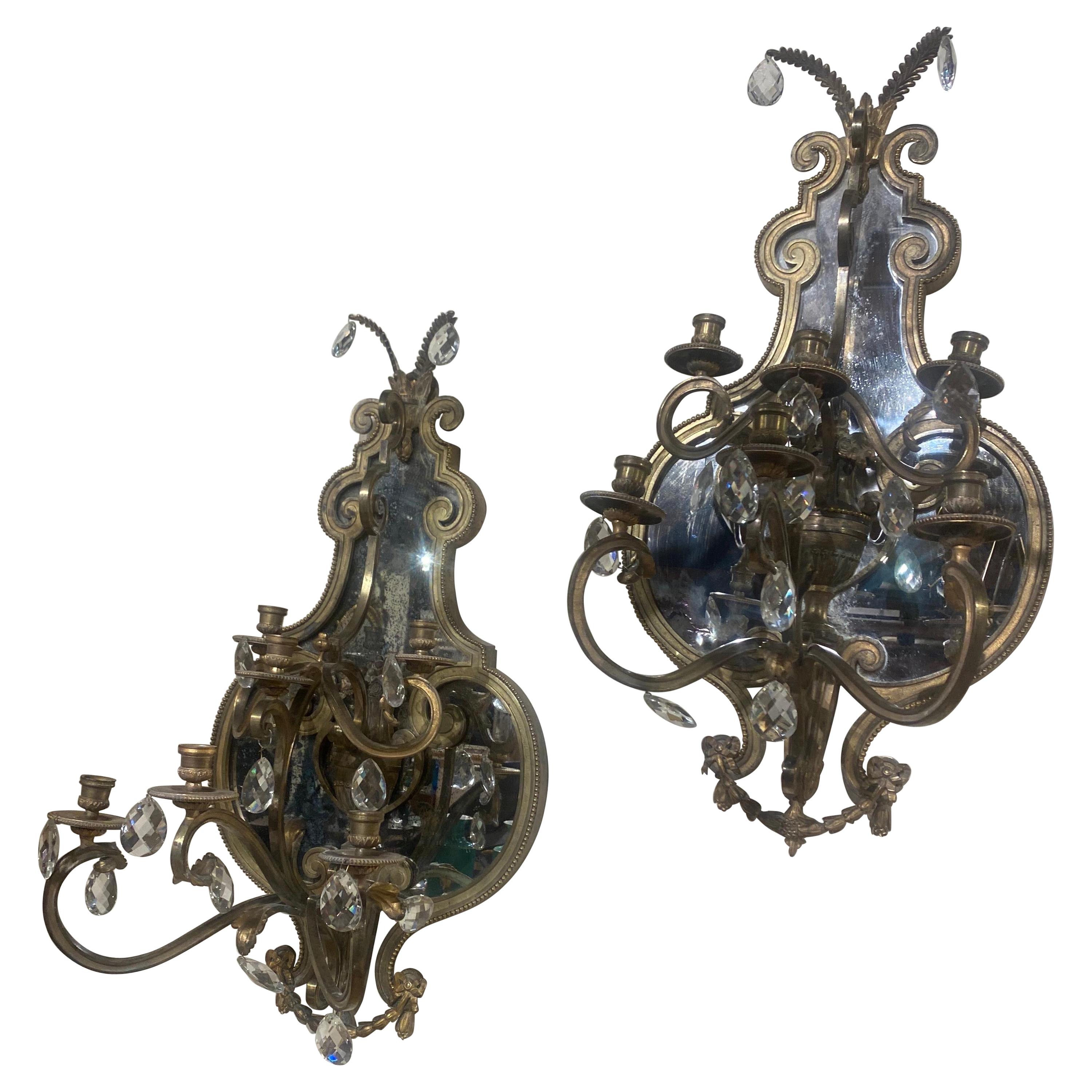 Large Pair of 19th Century French Bronze and Mirrored Sconces