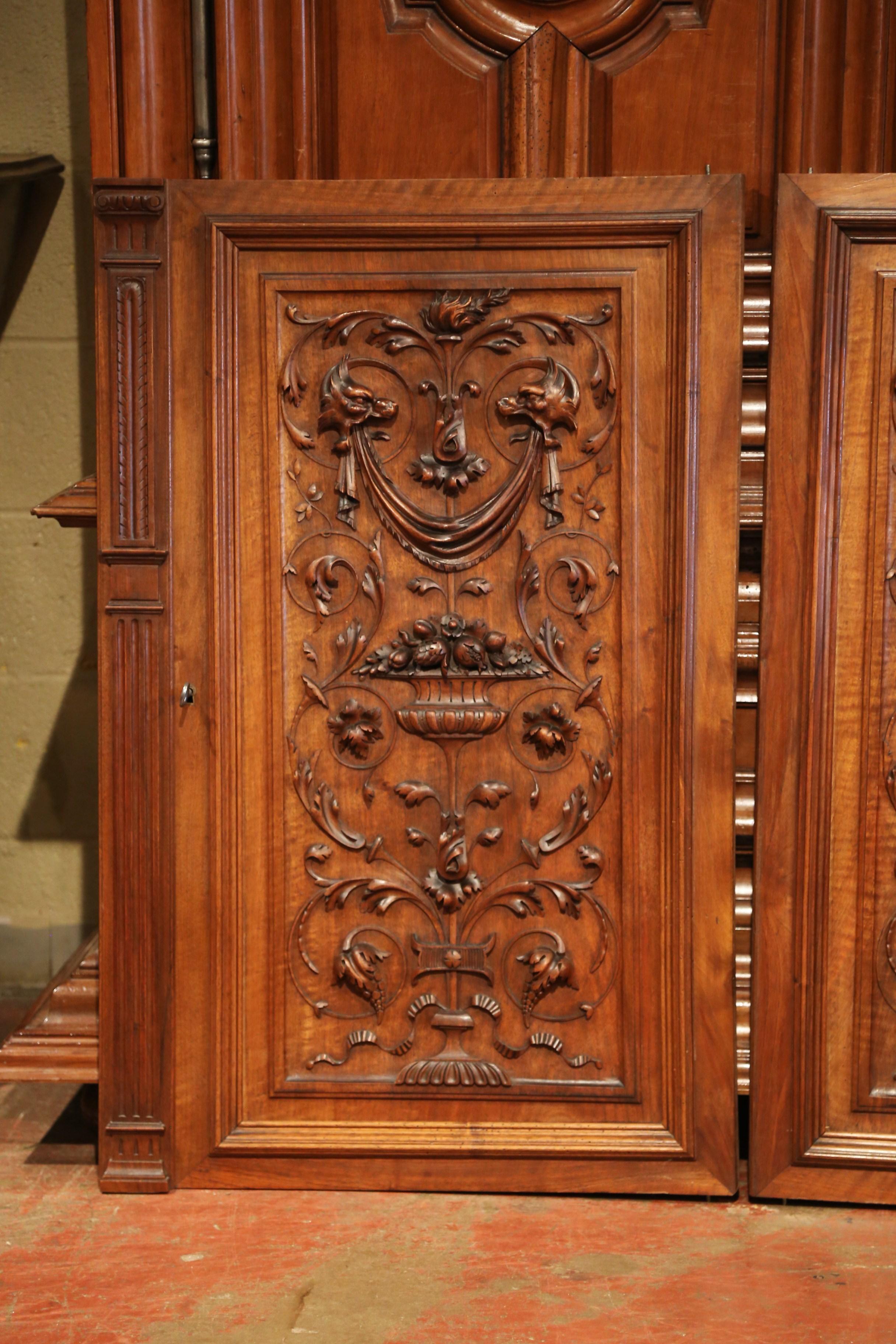 Napoleon III Large Pair of 19th Century French Carved Walnut Cabinet Doors with Lock