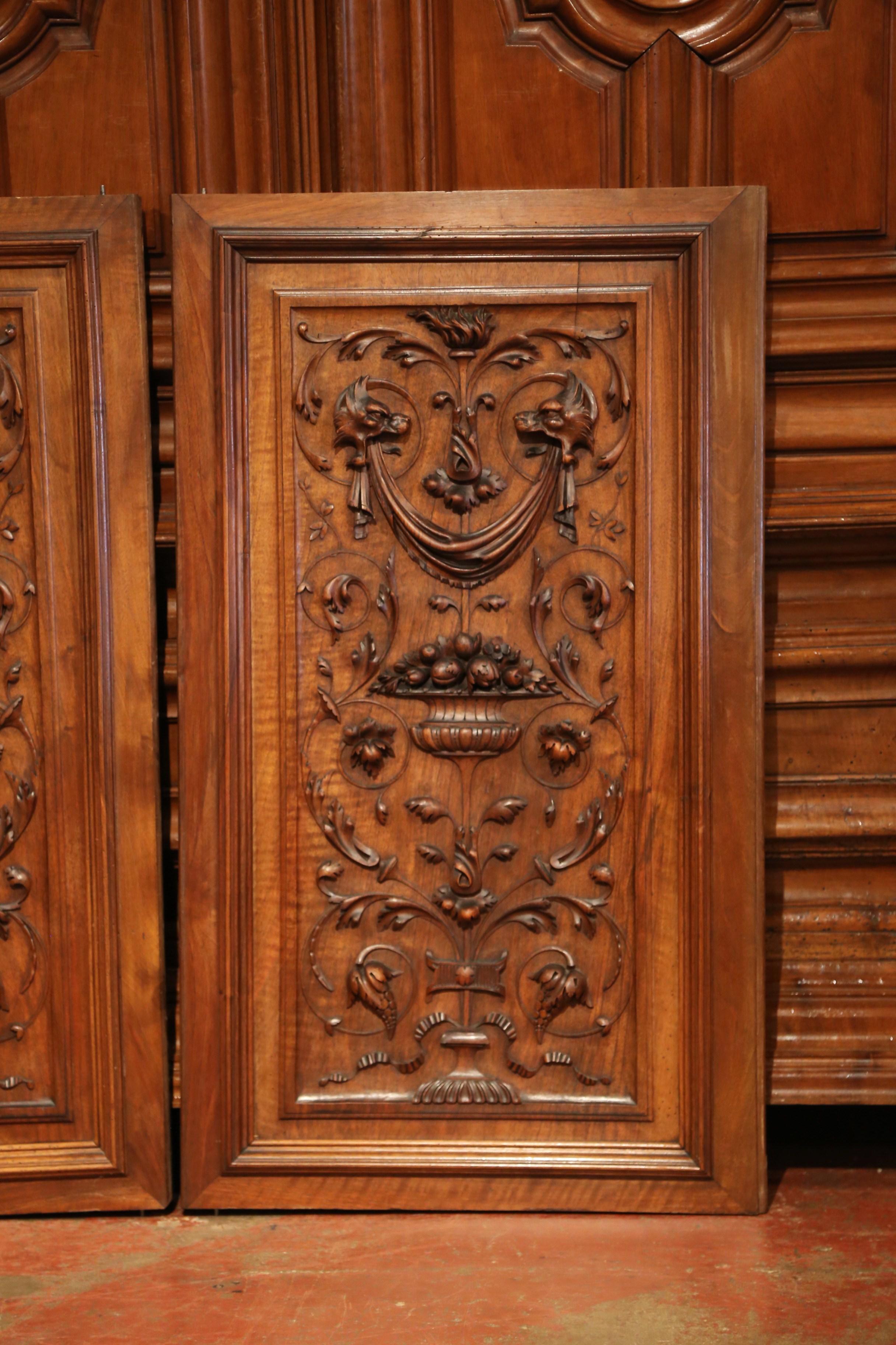 Hand-Carved Large Pair of 19th Century French Carved Walnut Cabinet Doors with Lock