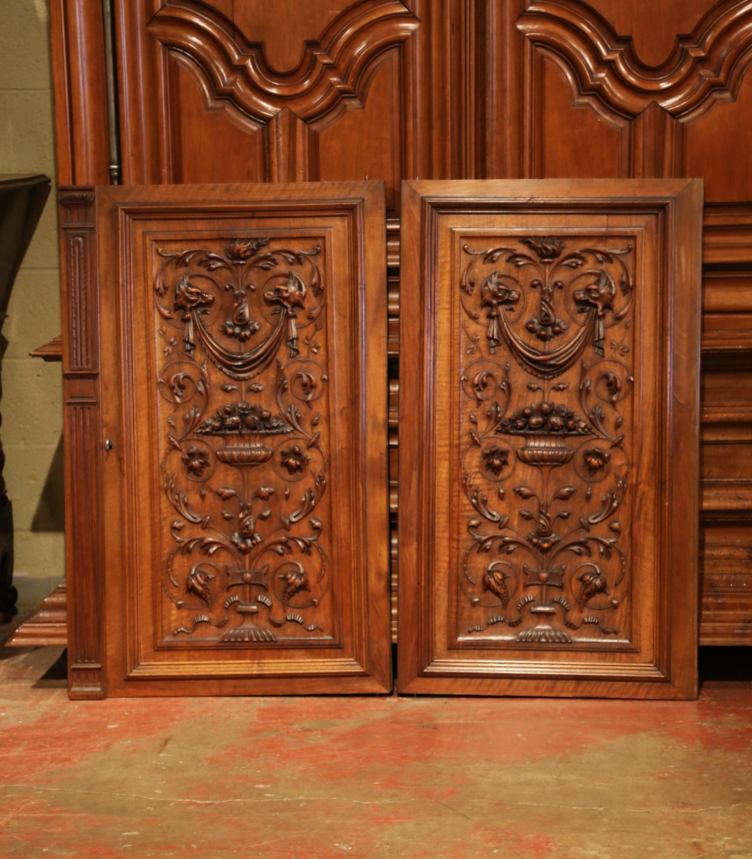 Large Pair of 19th Century French Carved Walnut Cabinet Doors with Lock In Excellent Condition In Dallas, TX