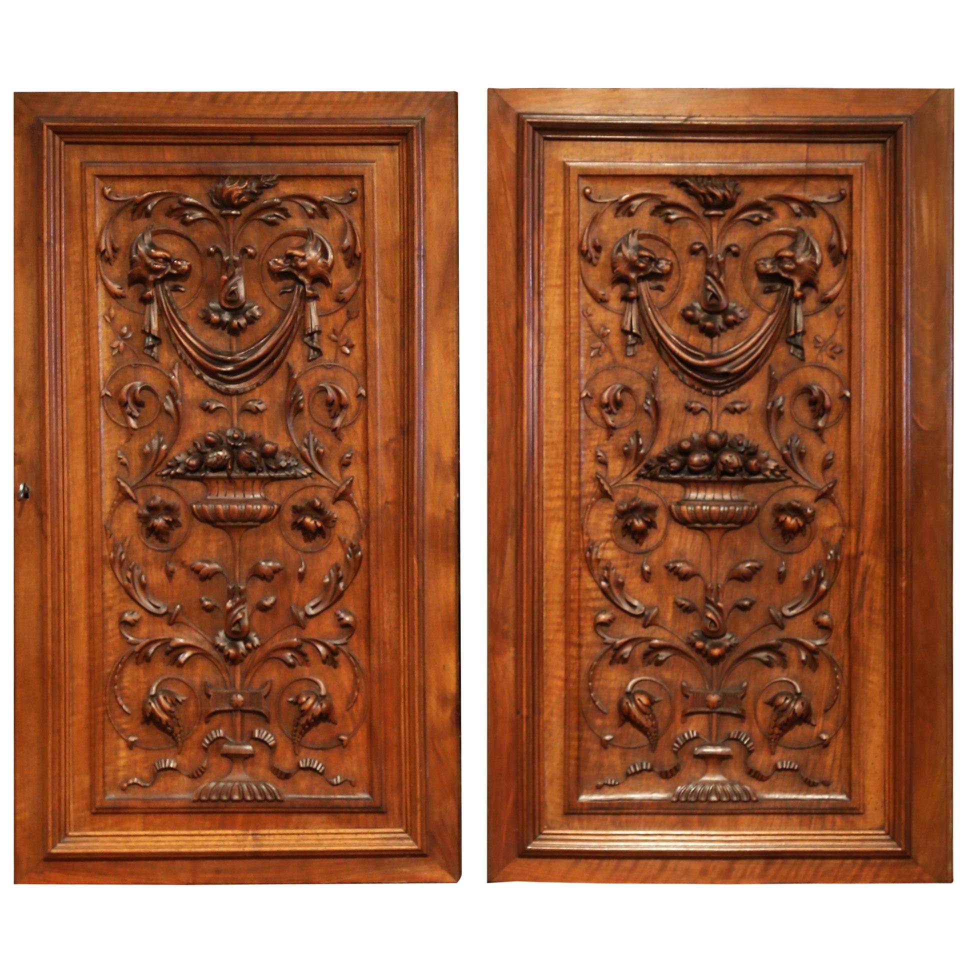 Large Pair of 19th Century French Carved Walnut Cabinet Doors with Lock