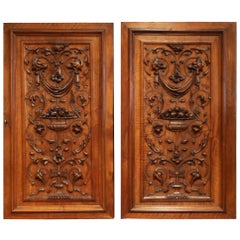 Antique Large Pair of 19th Century French Carved Walnut Cabinet Doors with Lock