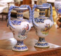 Large Pair of 19th Century French Desvres Faience Urns with Twisted Handles