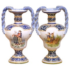 Large Pair of 19th Century French Desvres Faience Urns with Twisted Handles