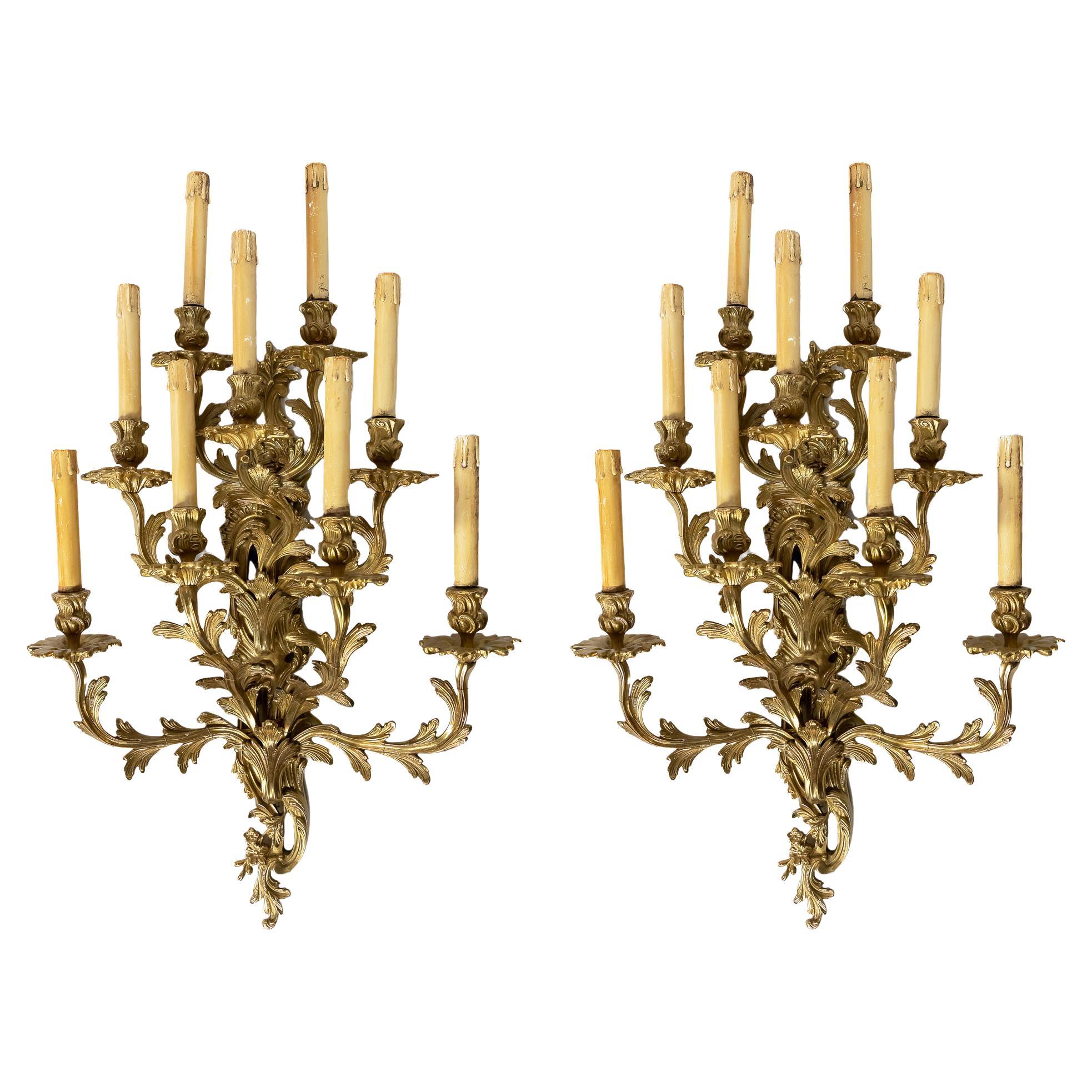 Large Pair of 19th Century French Gilt Bronze Wall Light Sconces