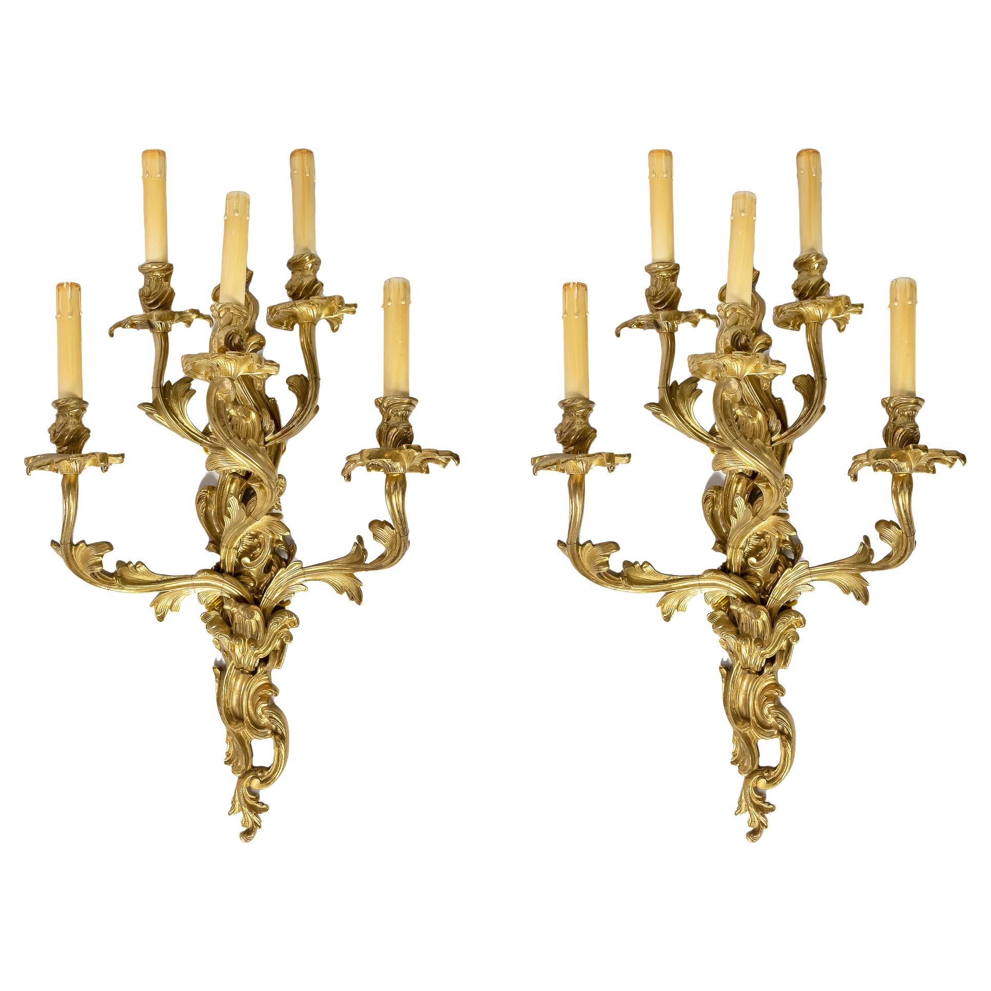 Large Pair of 19th Century French Gilt Bronze Wall Light Sconces