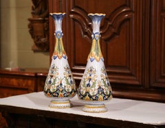 Large Pair of 19th Century French Hand Painted Ceramic Vases from Rouen