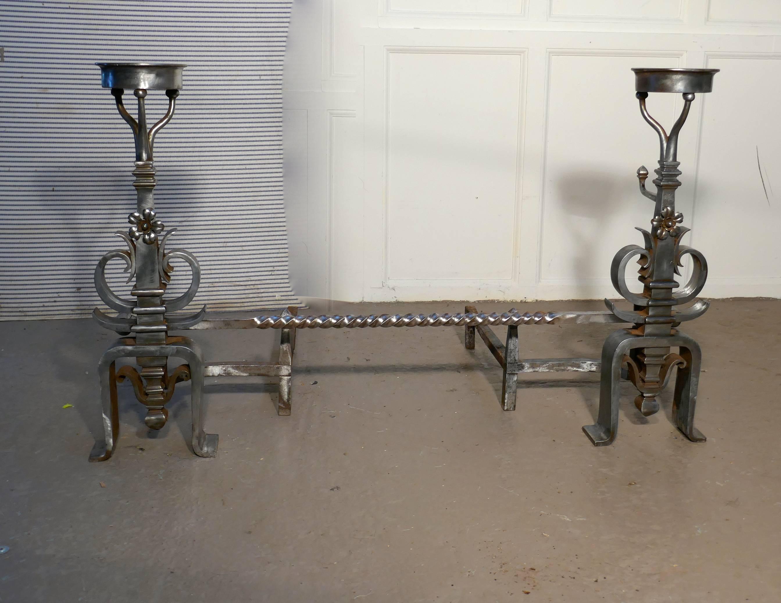 Country Large Pair of 19th Century French Iron Andirons or Fire Dogs