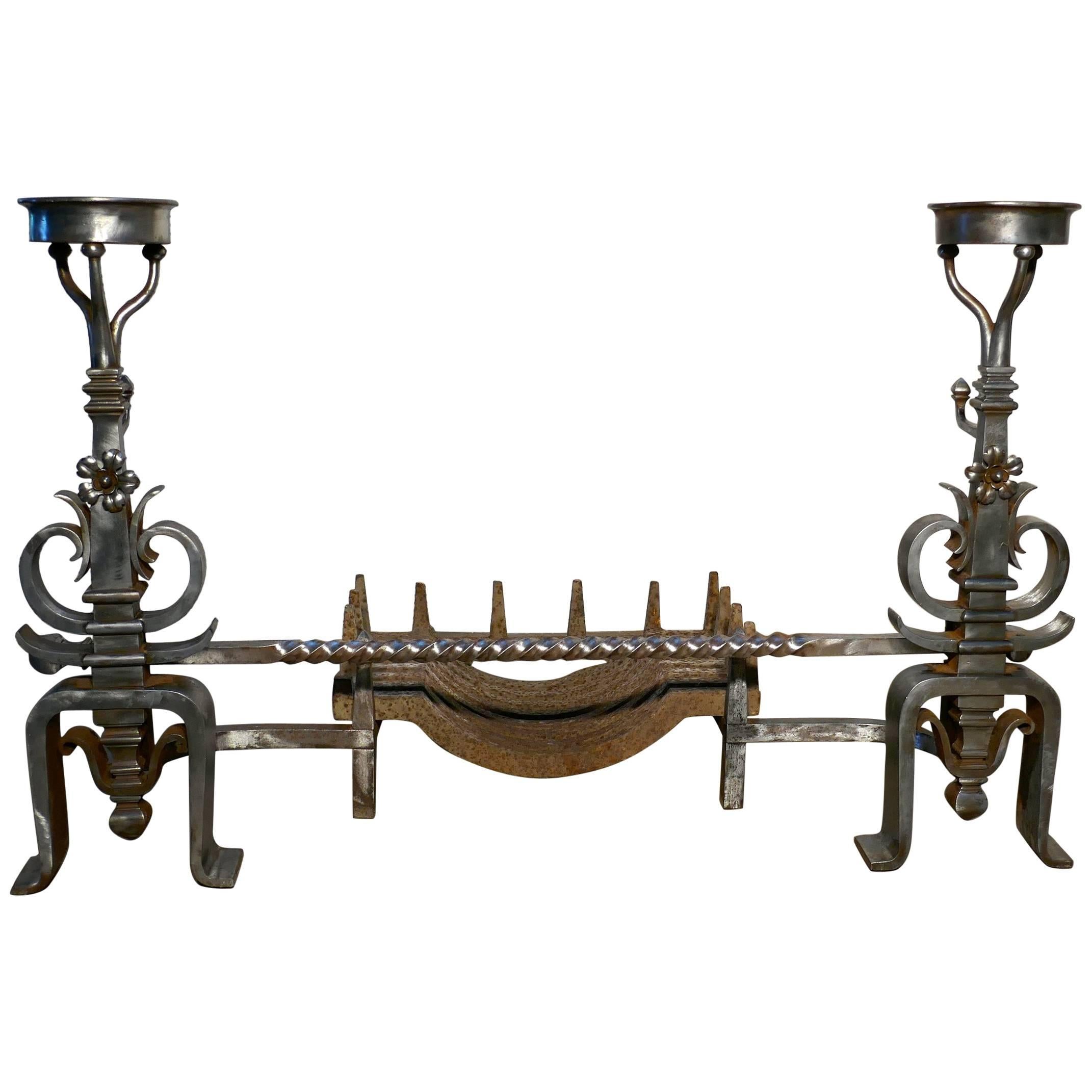 Large Pair of 19th Century French Iron Andirons or Fire Dogs