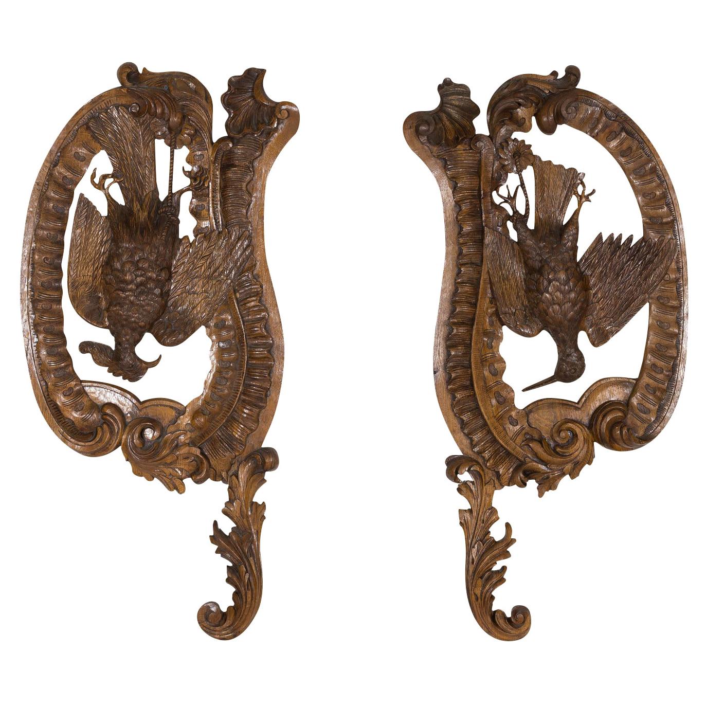 Large Pair of 19th Century French Oak Hunting Trophy Plaques of Dead Game Birds